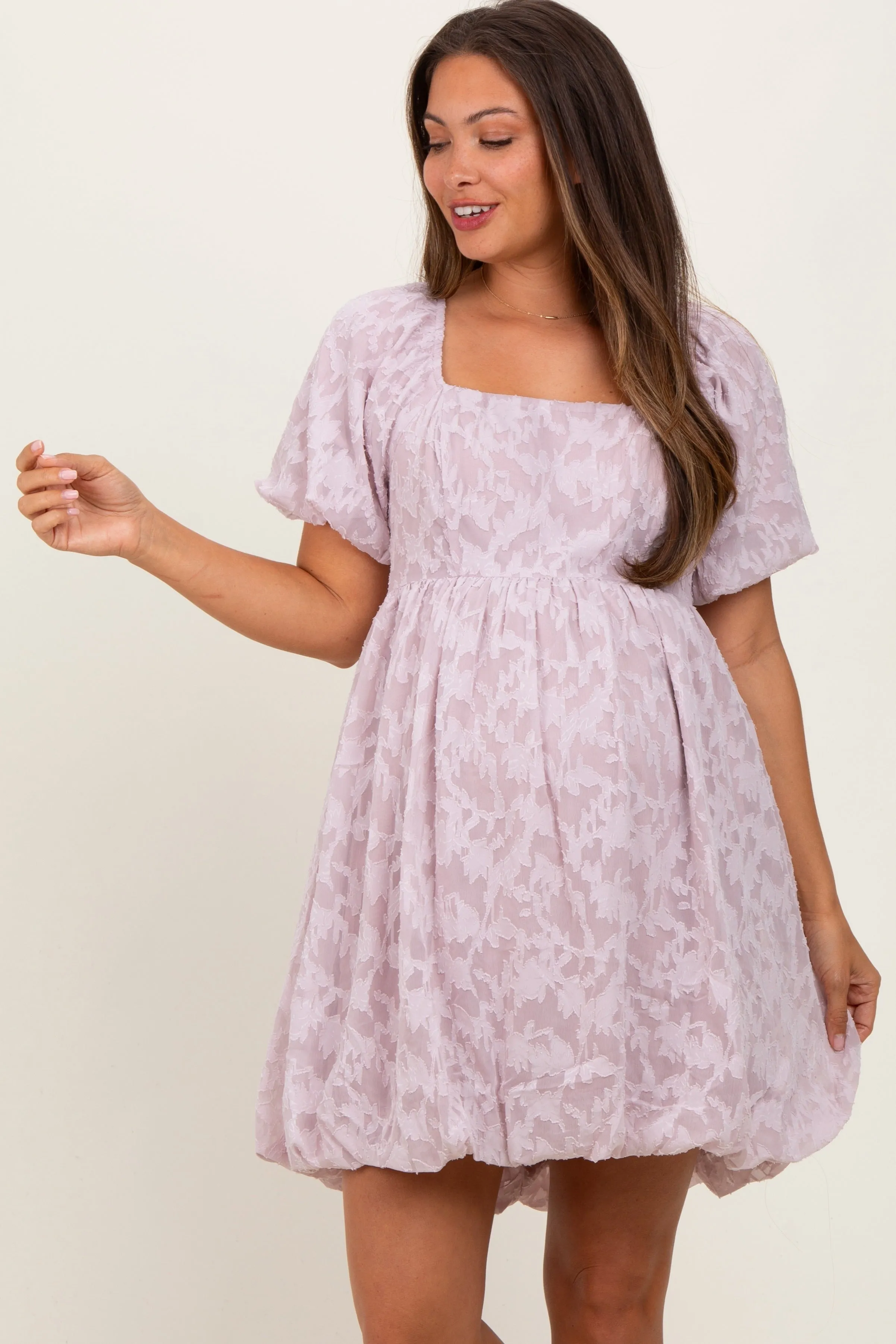 Lavender Chiffon Jacquard Print Square Neck Maternity Bubble Dress sold by Pinkblush