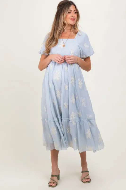 Light Blue Floral Print Ruffle Hem Maternity Midi Dress sold by Pinkblush