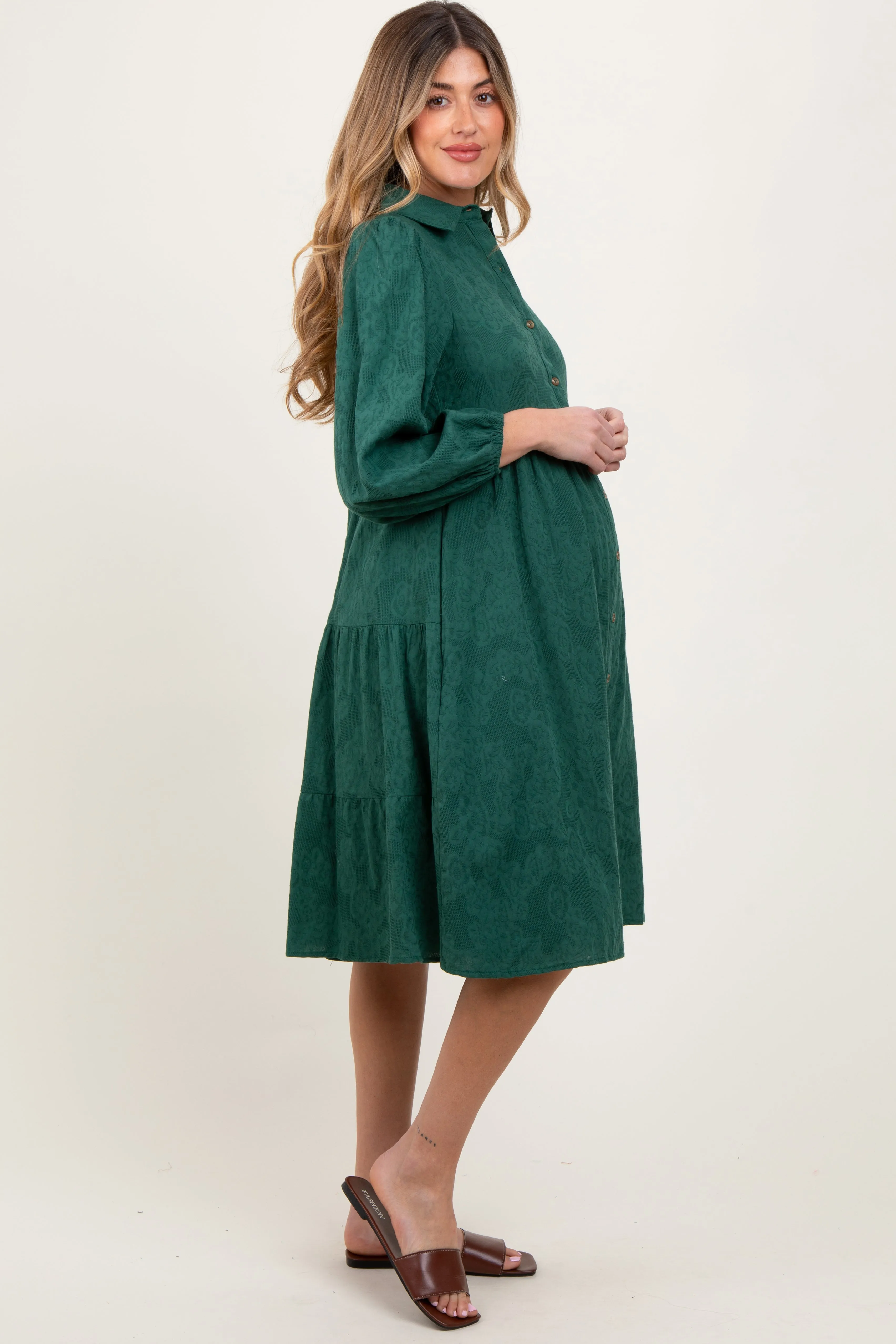 Forest Green Tiered Button Down Maternity Shirt Dress sold by Pinkblush product image thumbnail 2