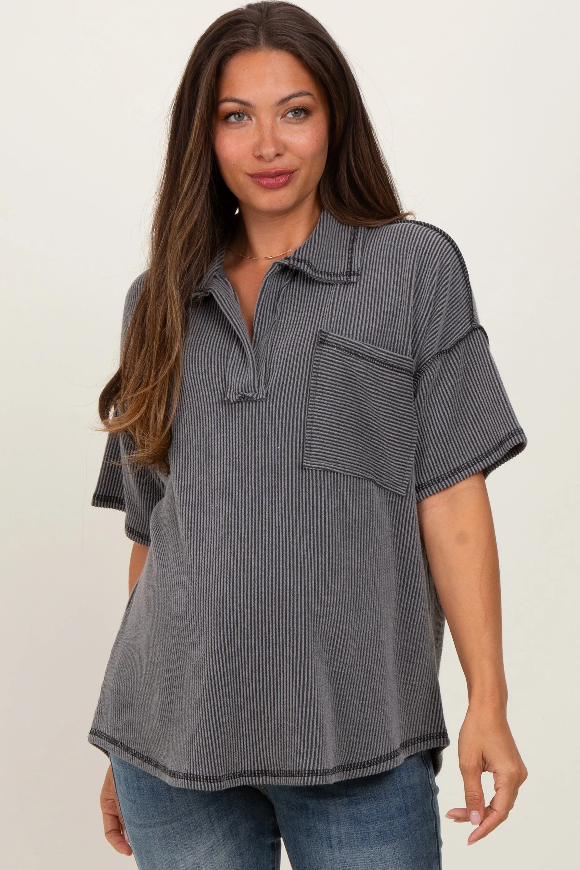 Charcoal Two Tone Ribbed Reverse Stitch Maternity Tunic Top sold by Pinkblush product image thumbnail 2