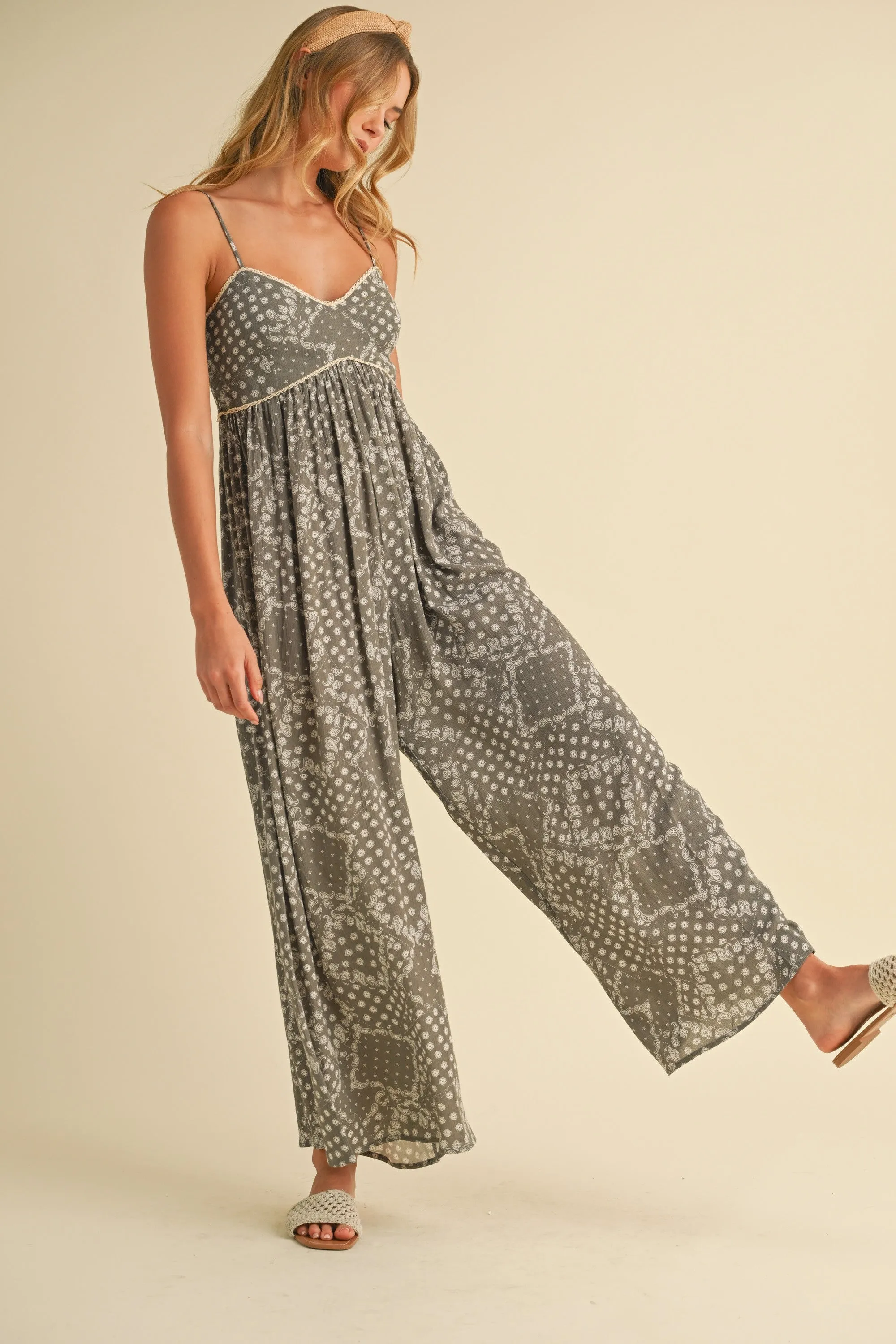 Olive Paisley Printed Wide Relaxed Fit Jumpsuit sold by Pinkblush product image thumbnail 3