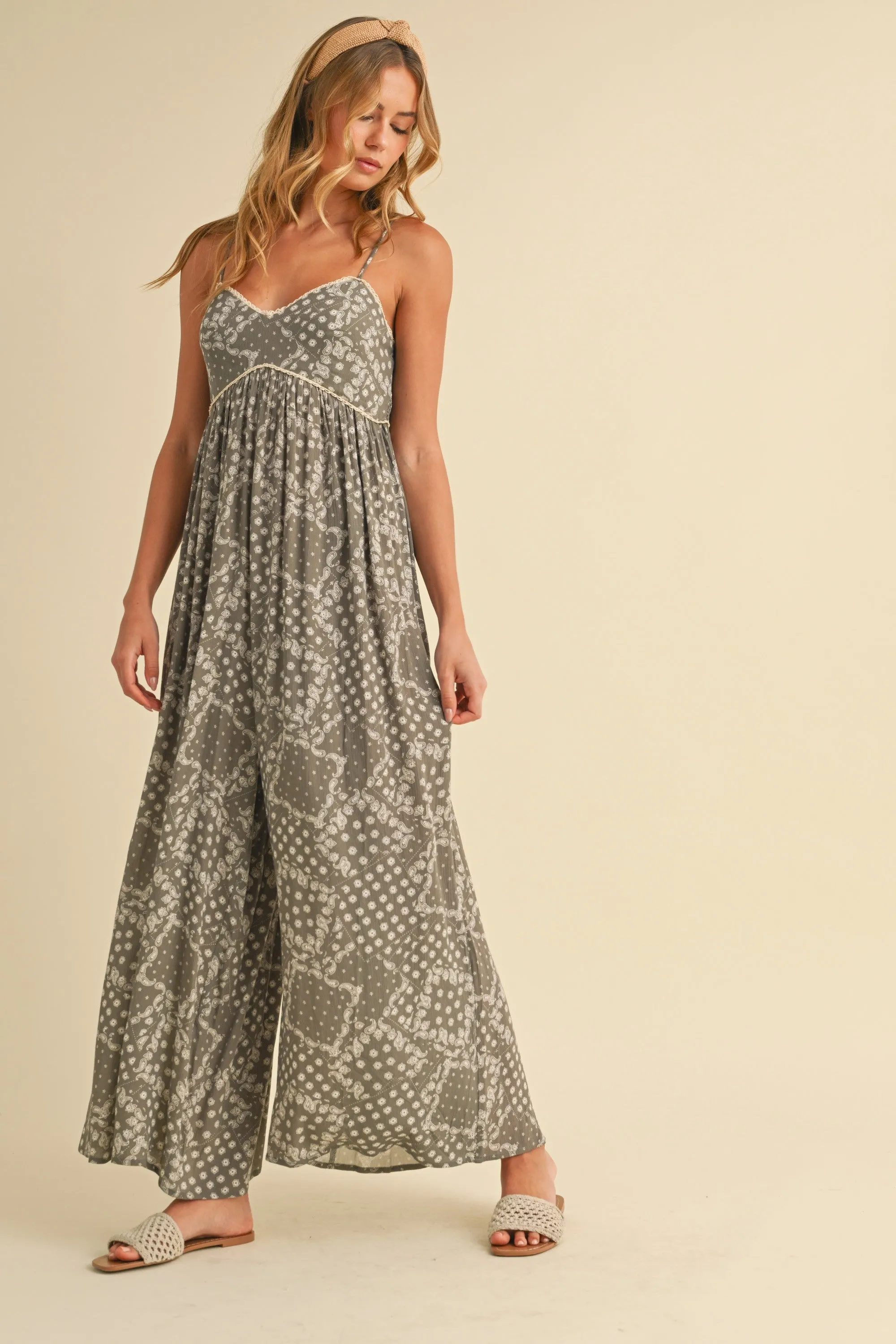 Olive Paisley Printed Wide Relaxed Fit Jumpsuit sold by Pinkblush