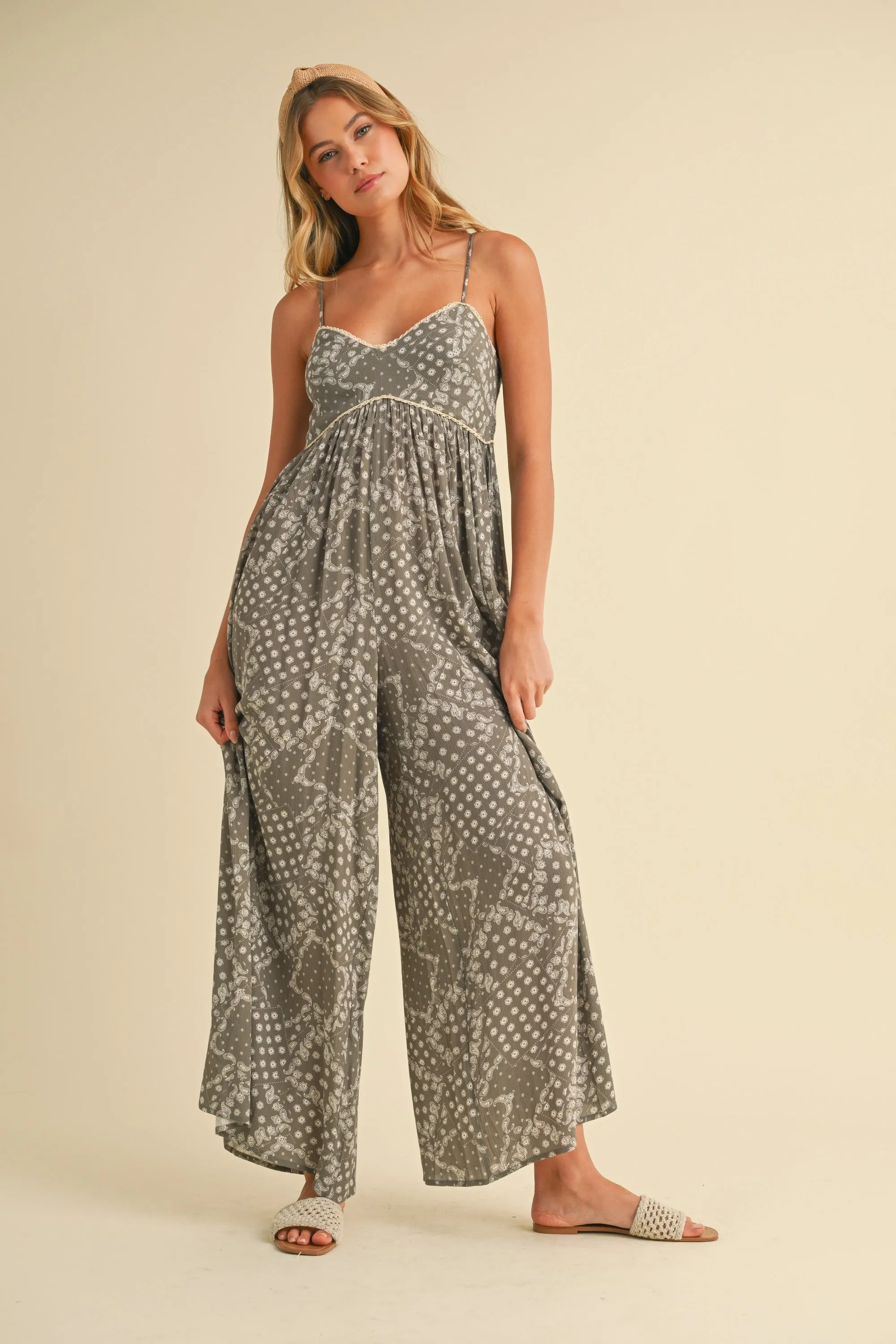 Olive Paisley Printed Wide Relaxed Fit Jumpsuit sold by Pinkblush product image thumbnail 2
