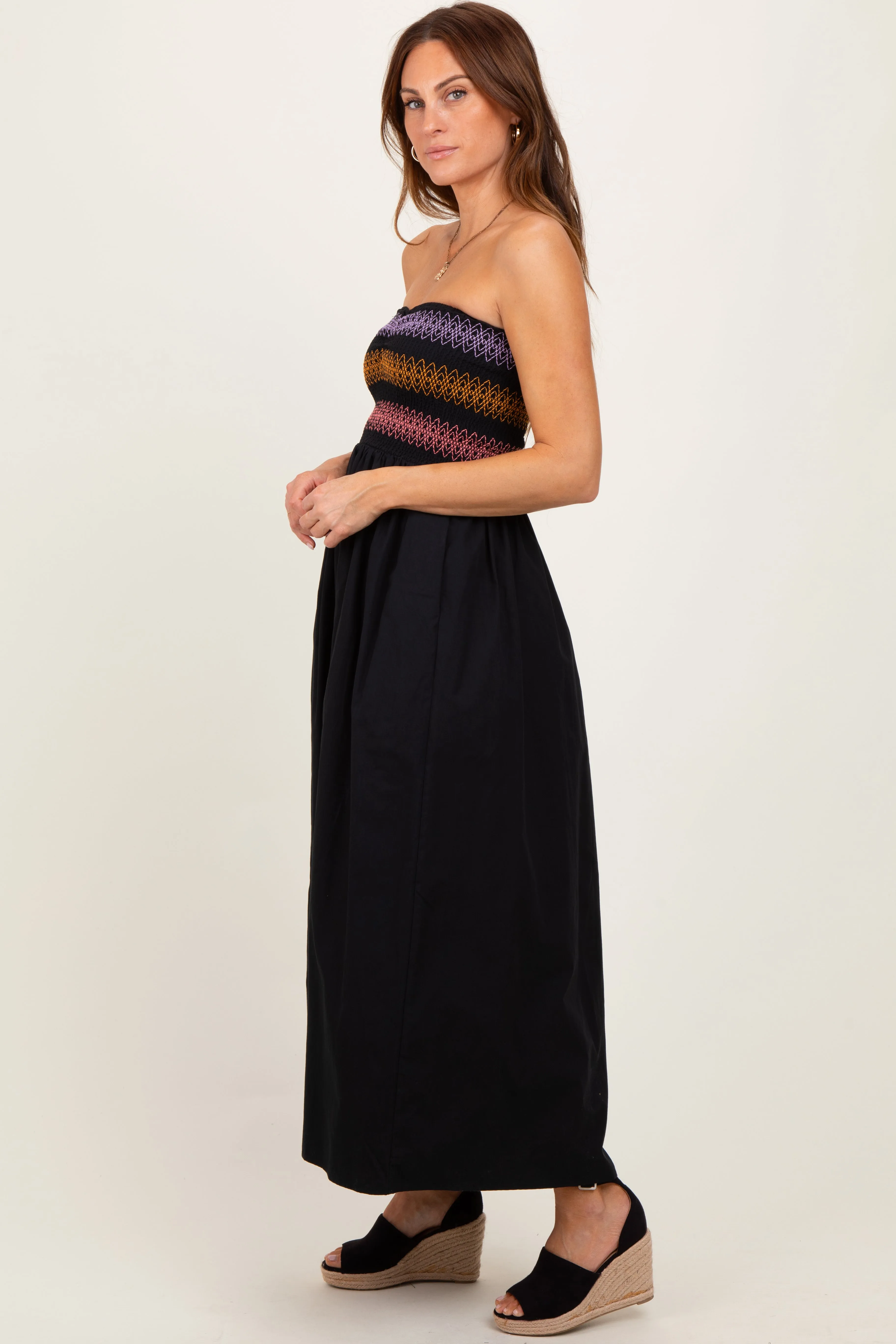 Black Embroidered Strapless Smocked Bodice Flared Midi Dress sold by Pinkblush product image thumbnail 3