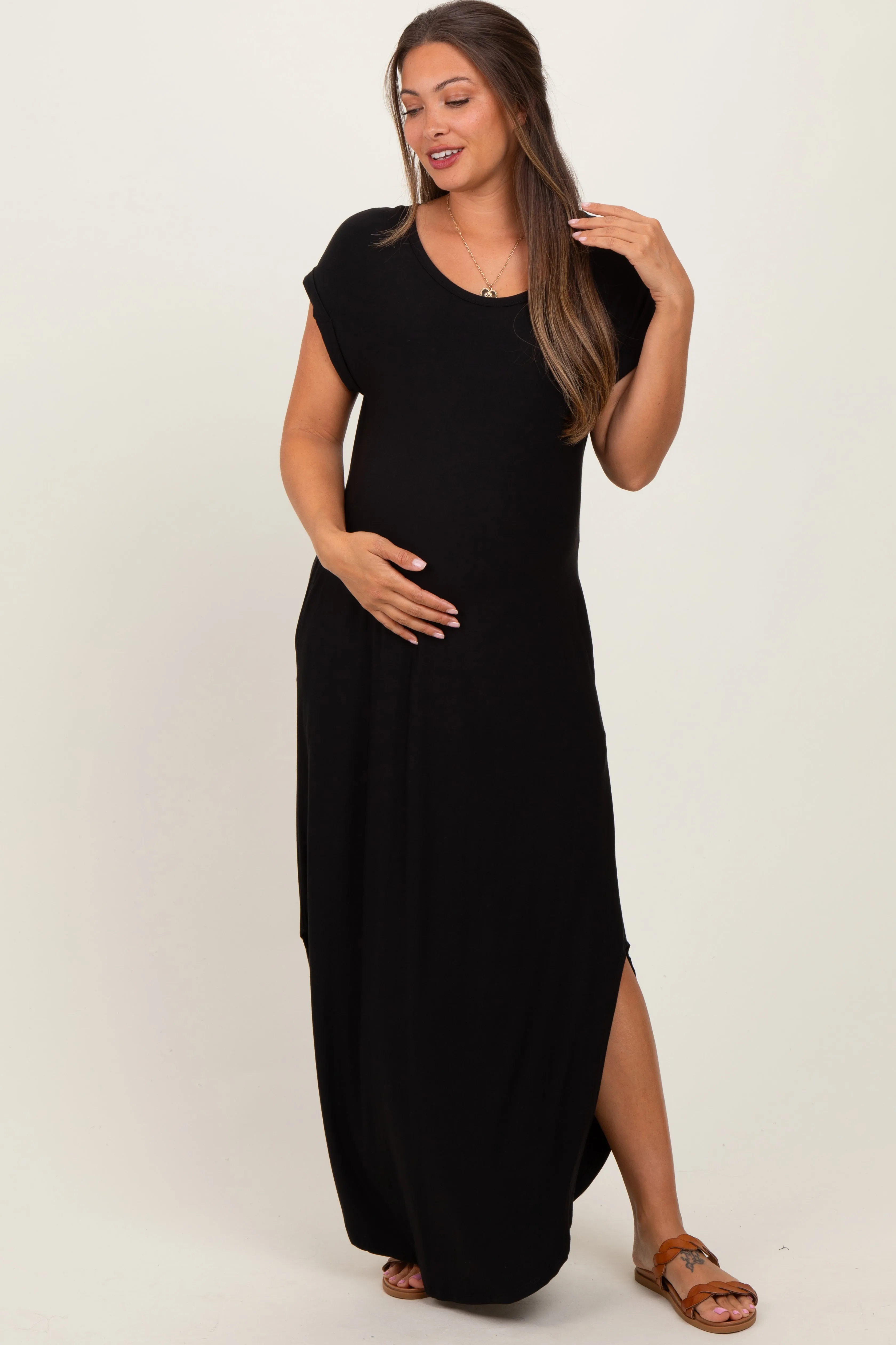 Black Round Hem Side Slit Maternity Maxi Dress sold by Pinkblush