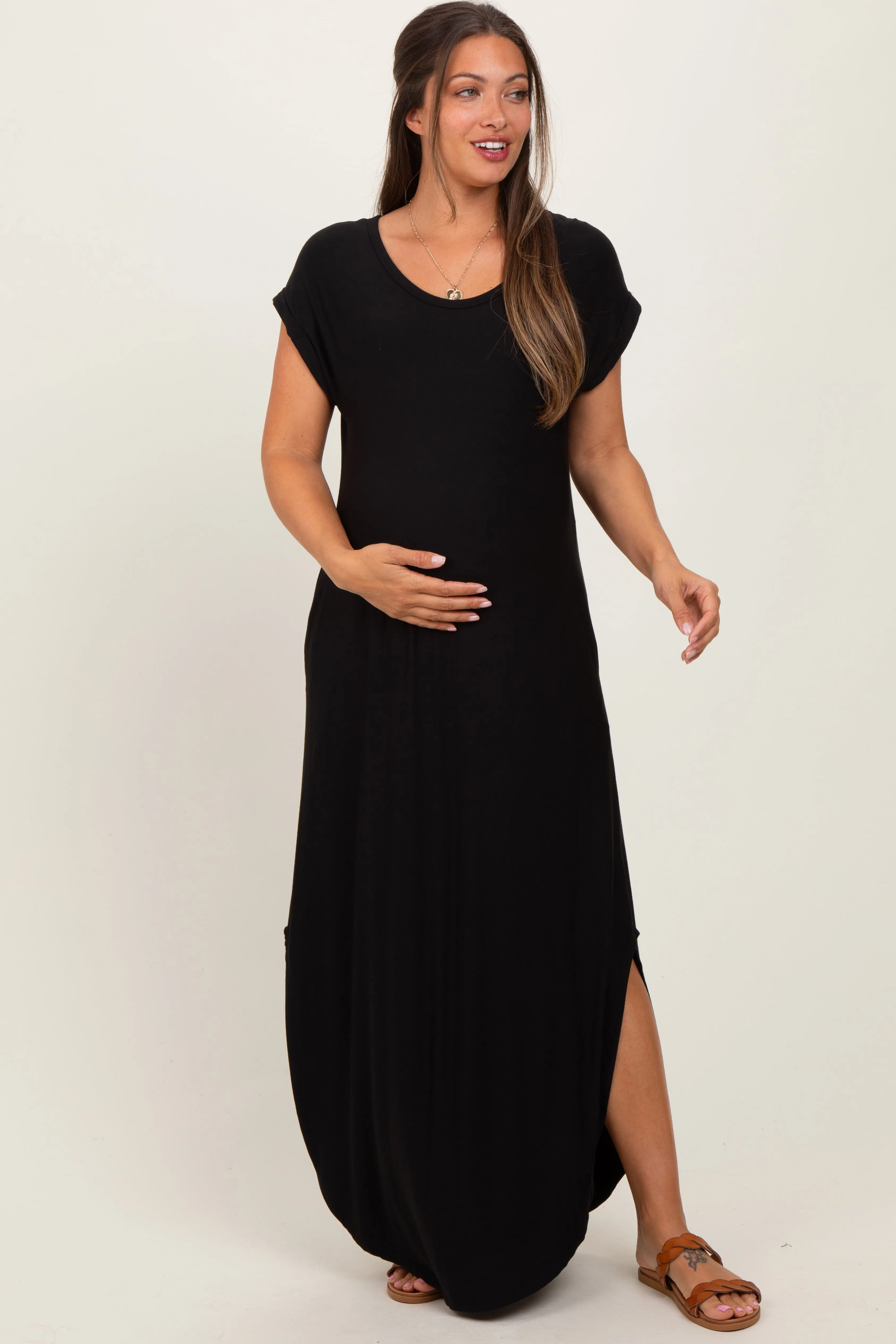 Black Round Hem Side Slit Maternity Maxi Dress sold by Pinkblush product image thumbnail 2