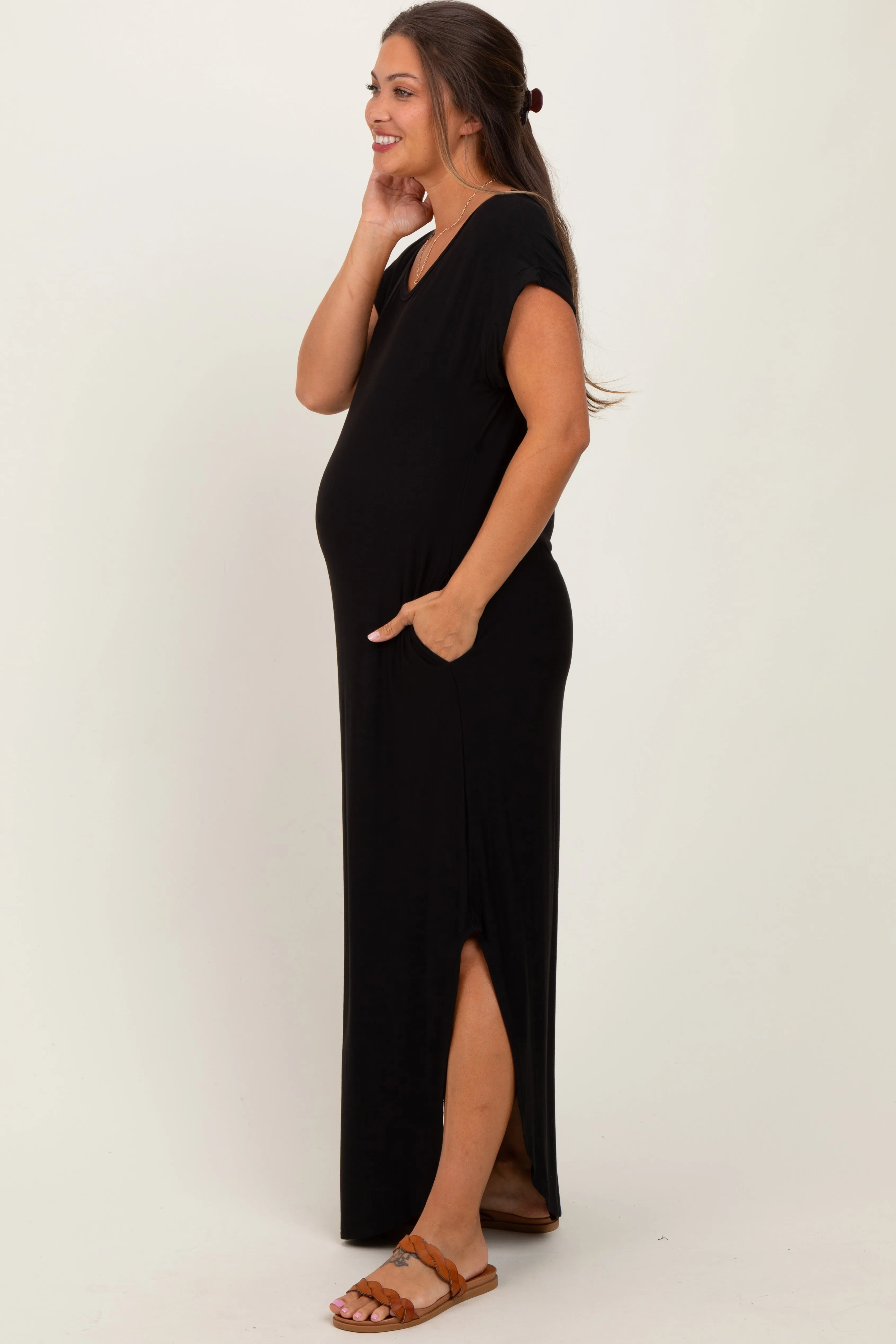Black Round Hem Side Slit Maternity Maxi Dress sold by Pinkblush product image thumbnail 3