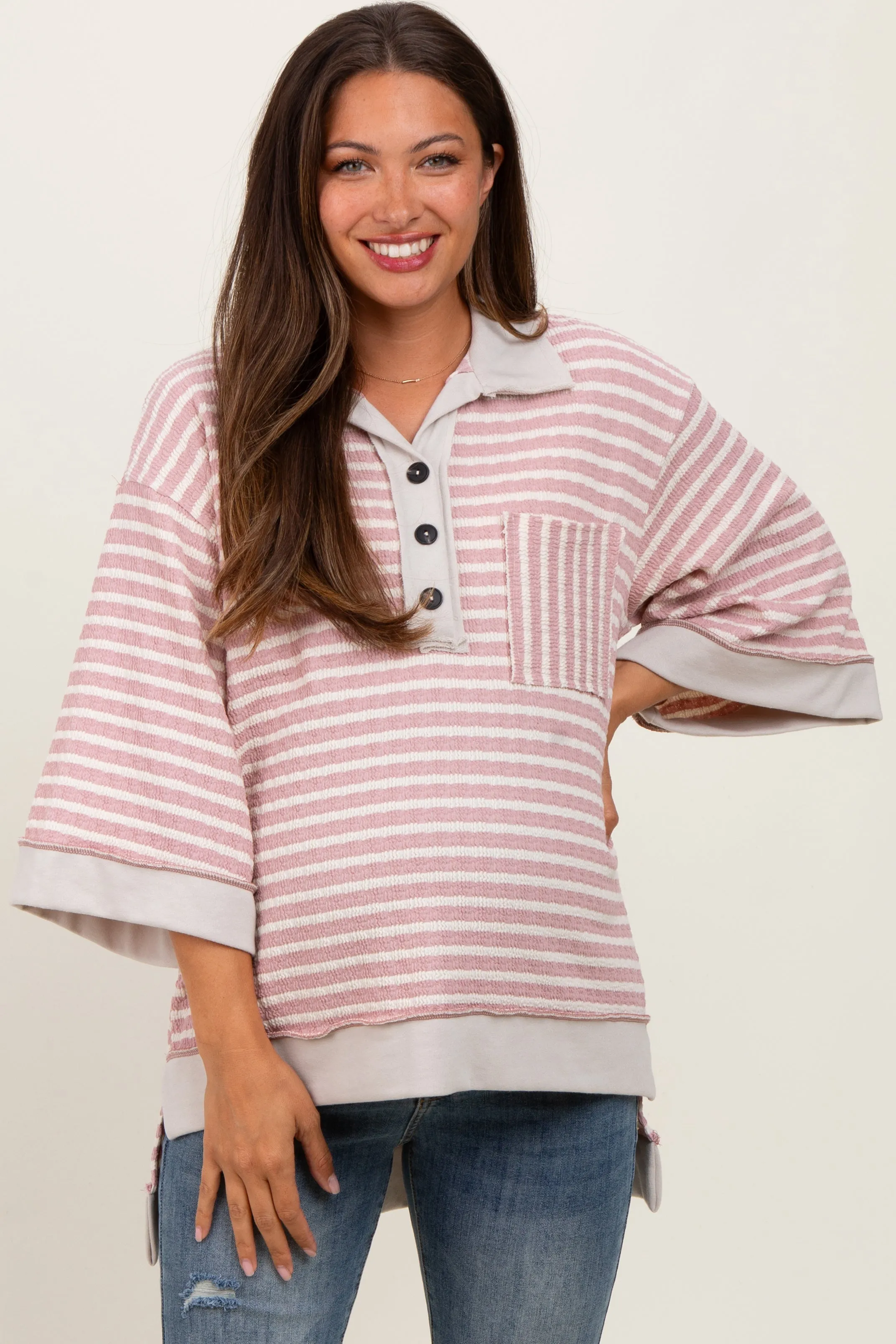 Mauve/Cream Stripe Button Down Maternity Tunic Top sold by Pinkblush