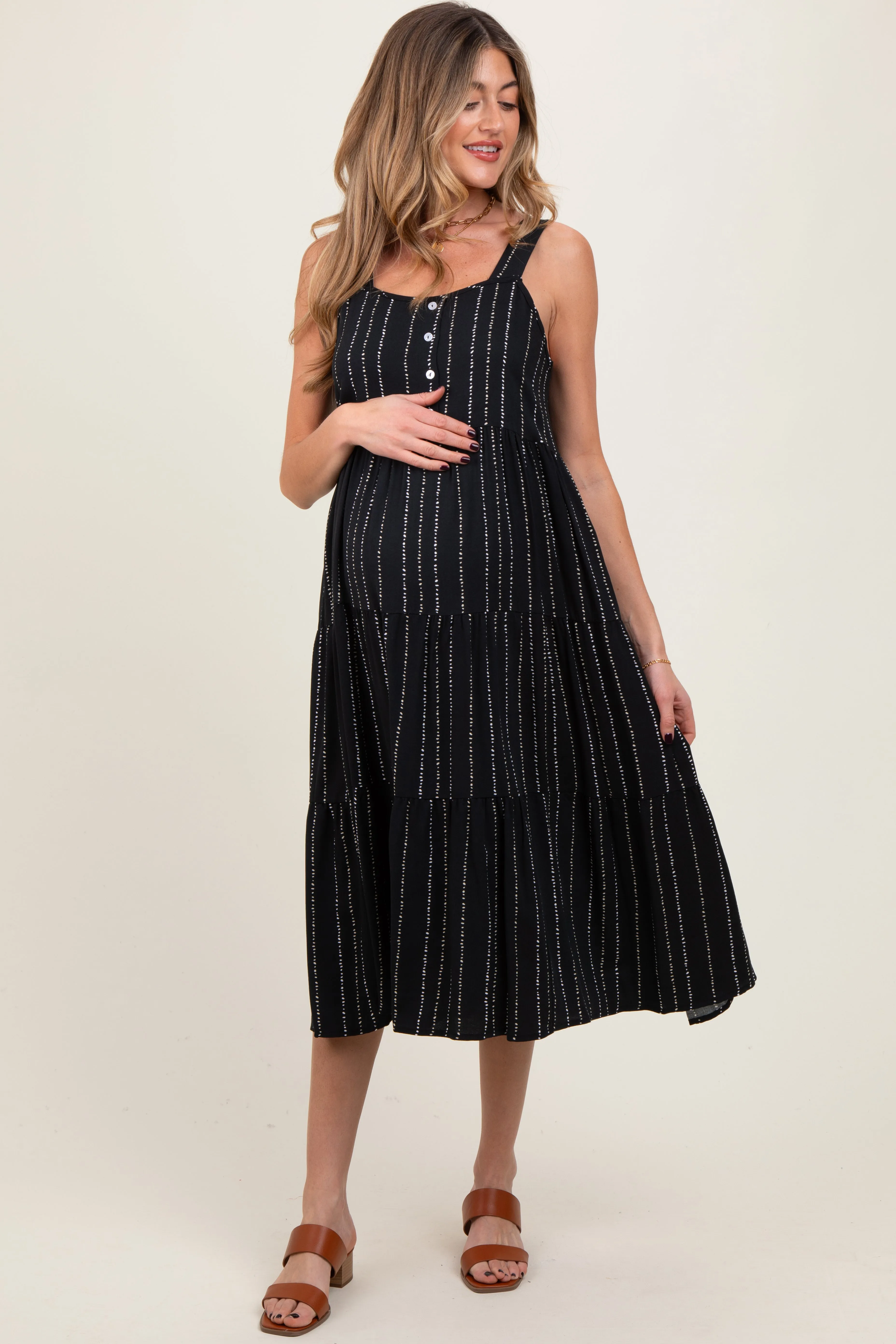 Black Dot Stripe Tiered Maternity Midi Dress sold by Pinkblush