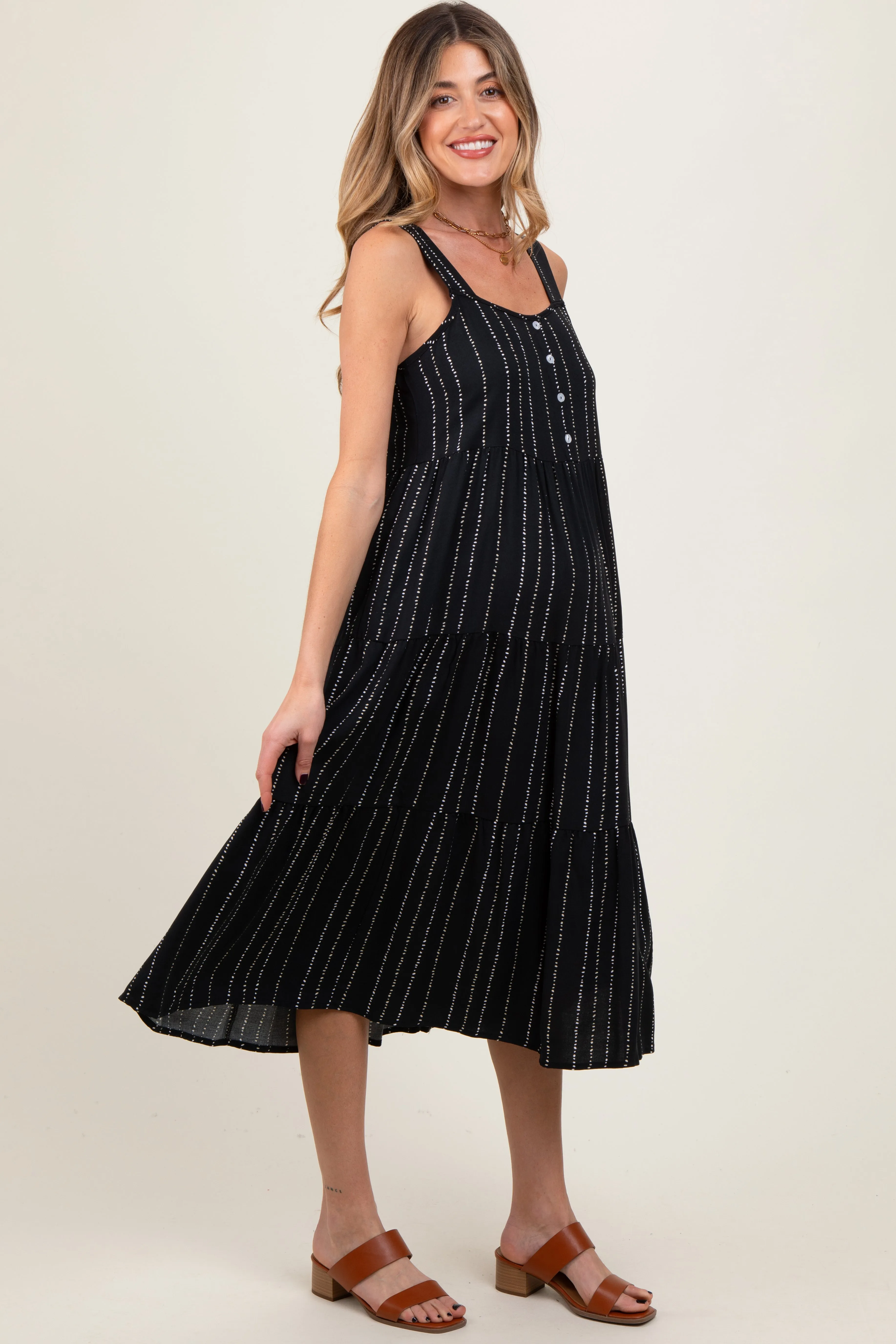 Black Dot Stripe Tiered Maternity Midi Dress sold by Pinkblush product image thumbnail 2
