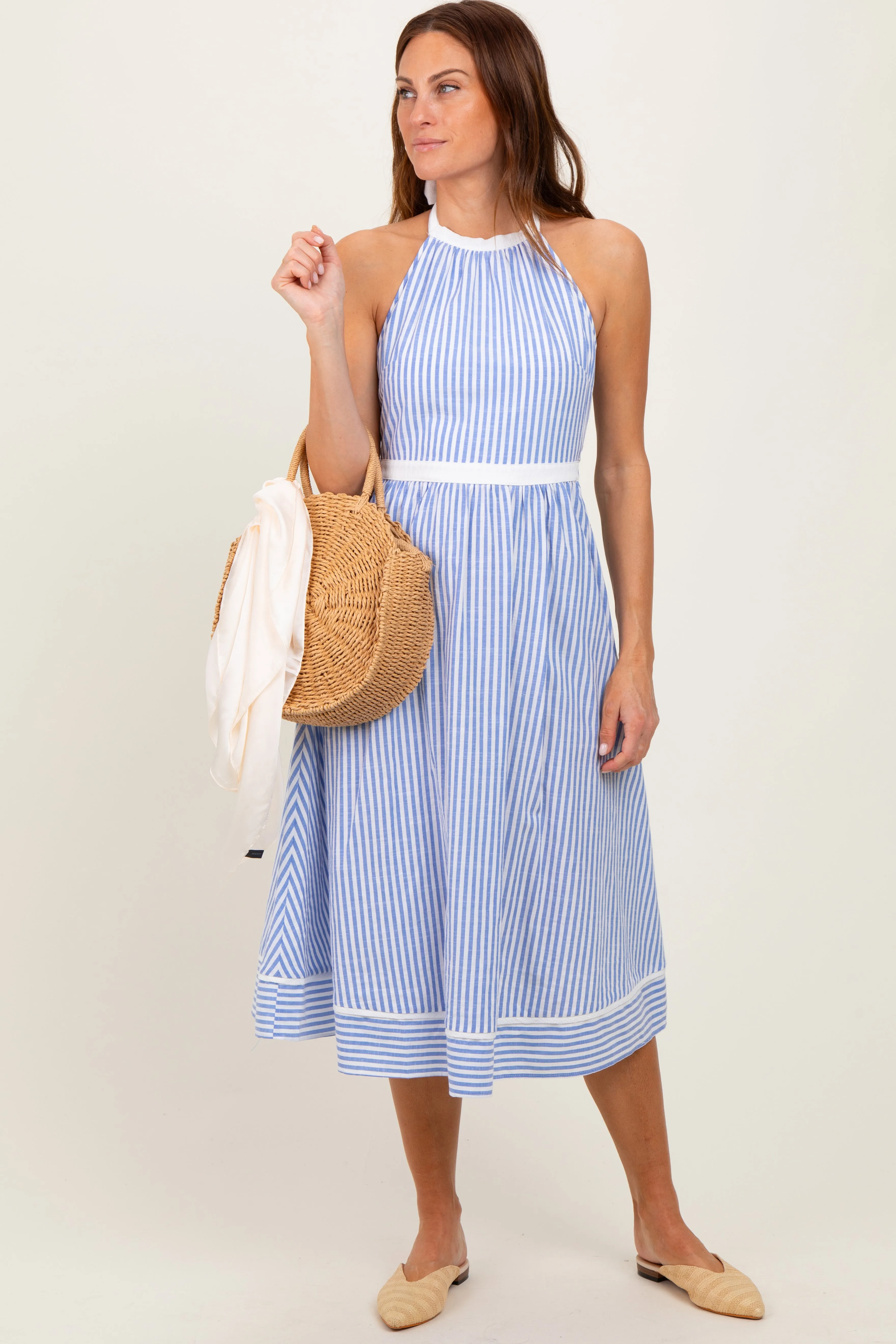 Blue Striped Halter Maternity Tie Back Cutout Midi Dress sold by Pinkblush