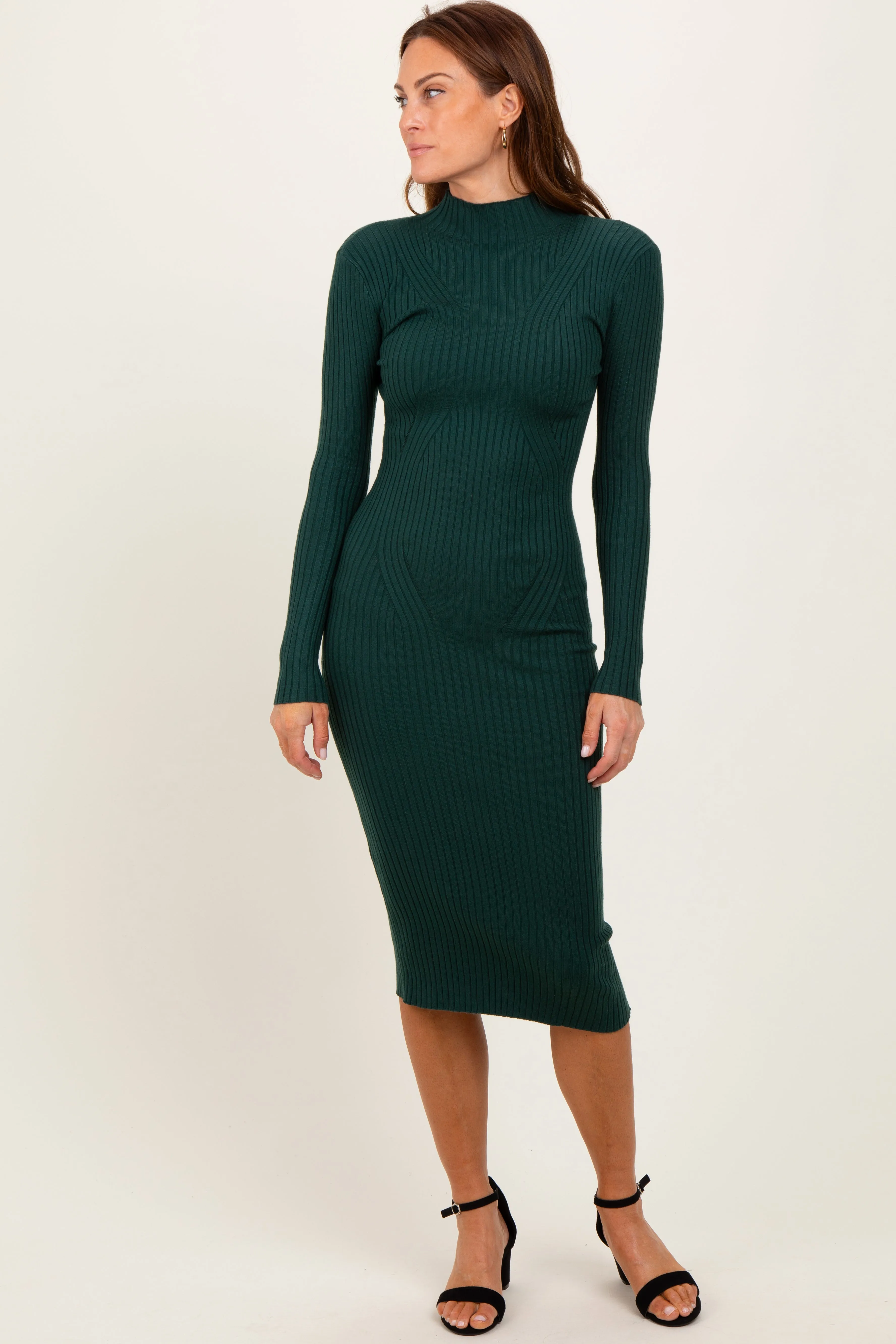 Forest Green Ribbed Knit Mock Neck Long Sleeve Midi Dress sold by Pinkblush product image thumbnail 2