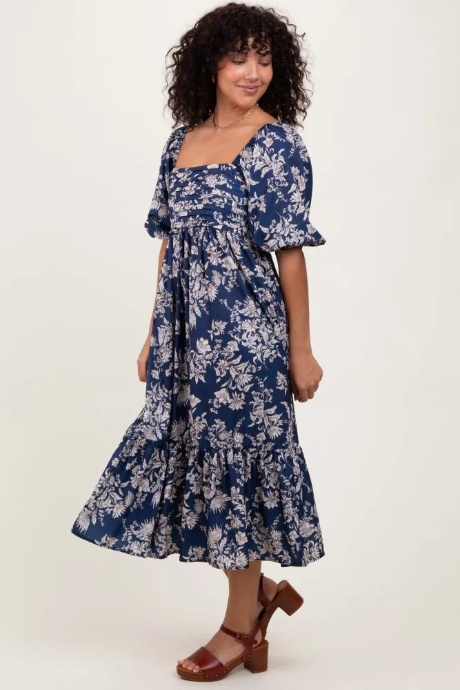 Light Navy Floral Pleated Bodice Midi Dress sold by Pinkblush product image thumbnail 4