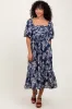 Light Navy Floral Pleated Bodice Midi Dress sold by Pinkblush