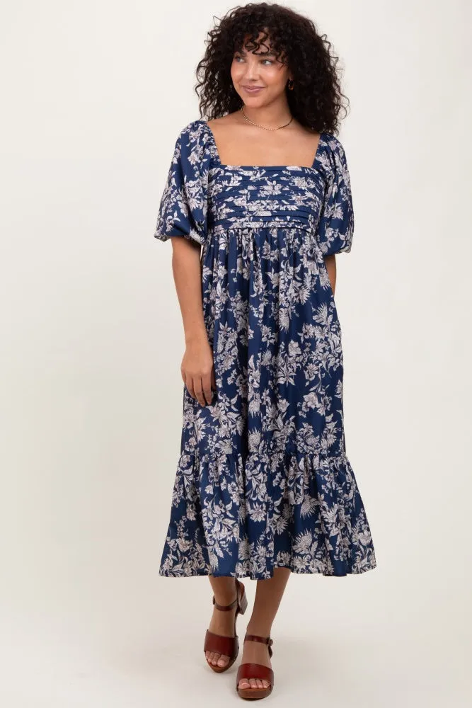 Light Navy Floral Pleated Bodice Midi Dress sold by Pinkblush