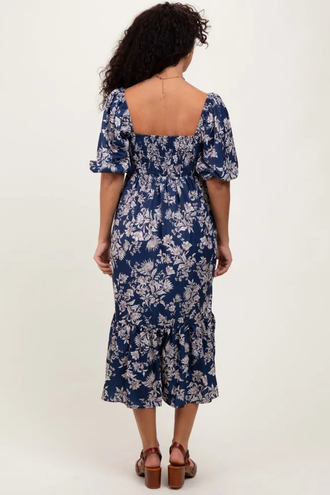 Light Navy Floral Pleated Bodice Midi Dress sold by Pinkblush product image thumbnail 5