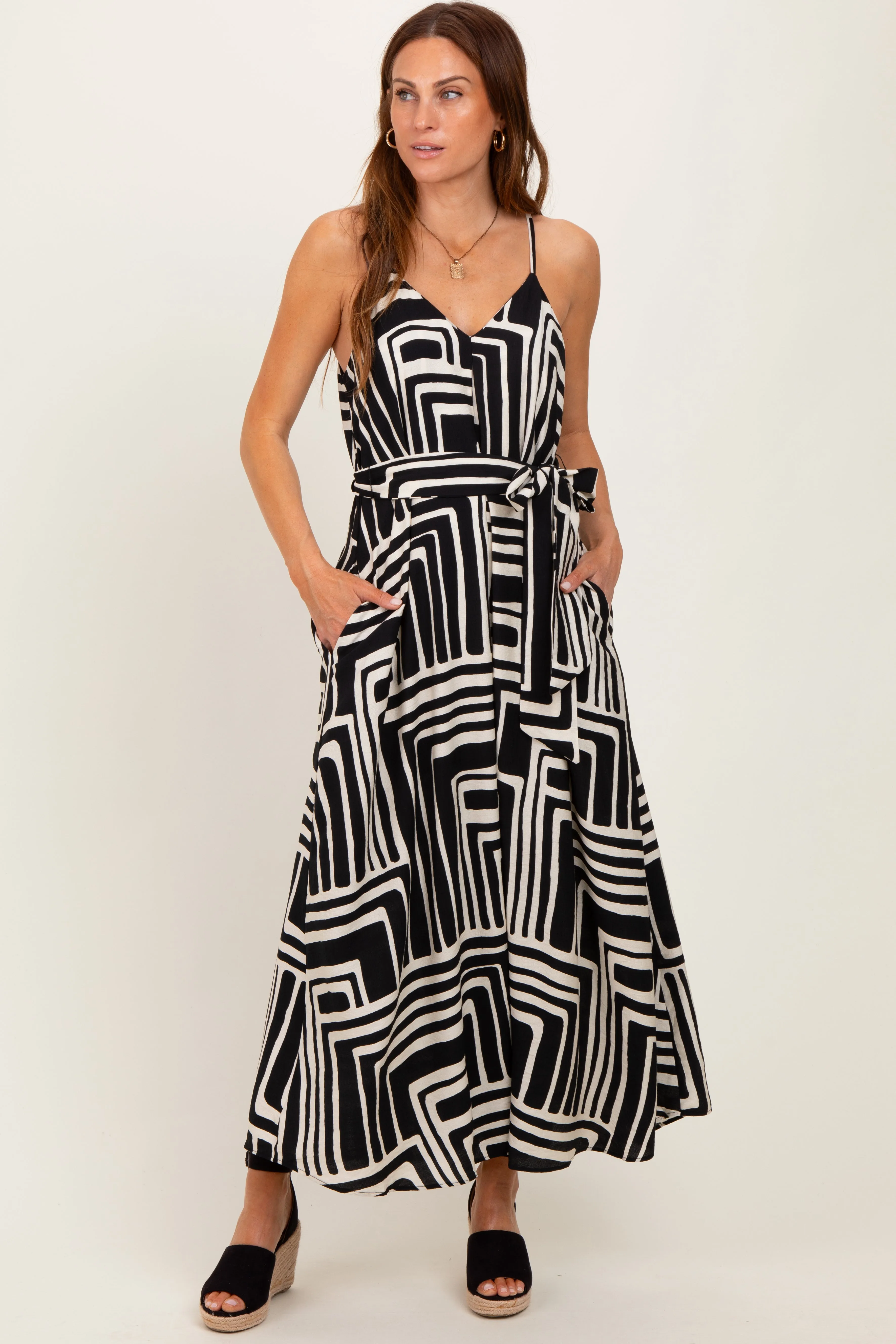 Black Geometric Print Sash Tie Maxi Dress sold by Pinkblush