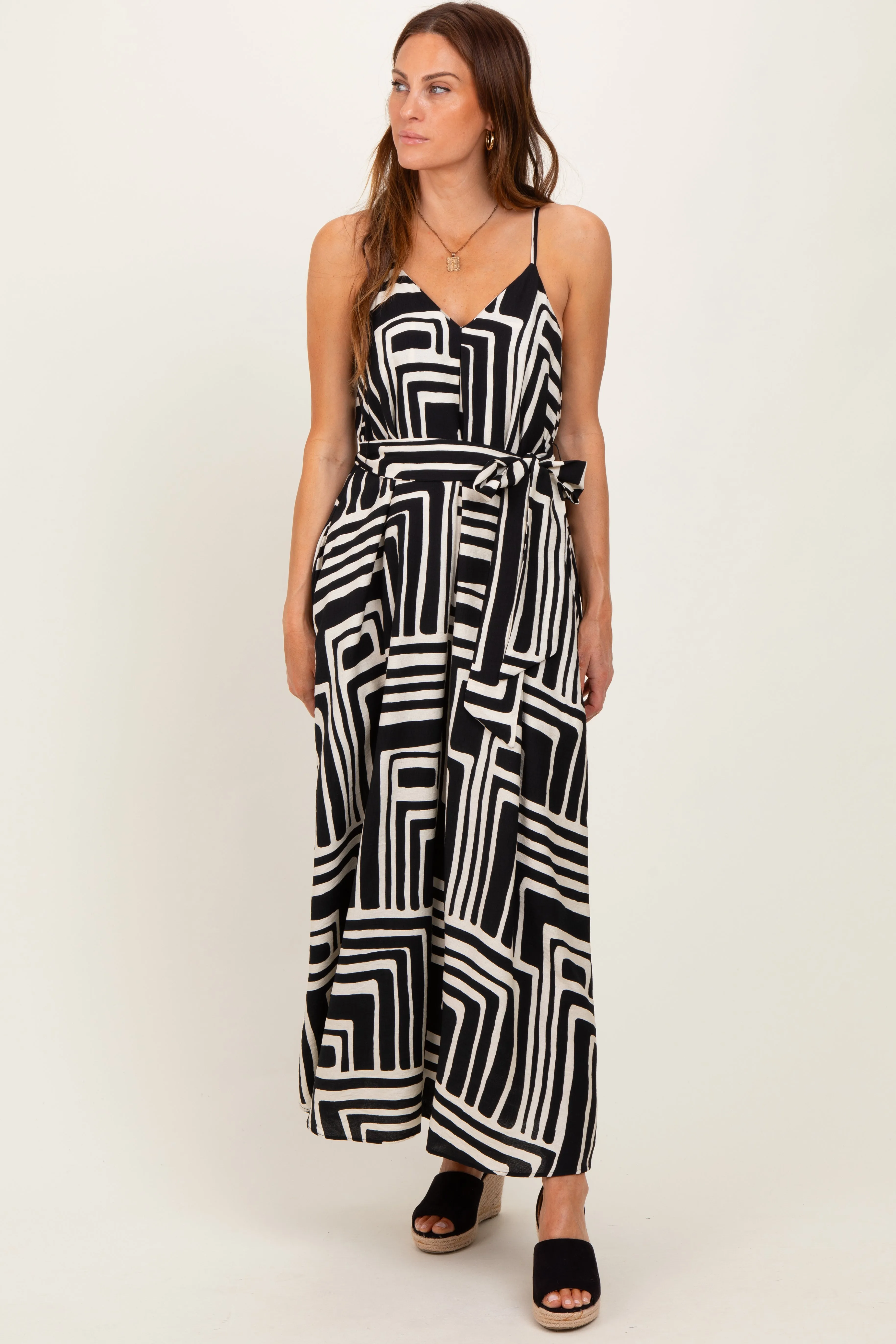Black Geometric Print Sash Tie Maxi Dress sold by Pinkblush product image thumbnail 2