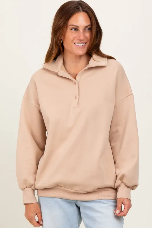 Beige Oversized Long Sleeve Polo Pullover sold by Pinkblush