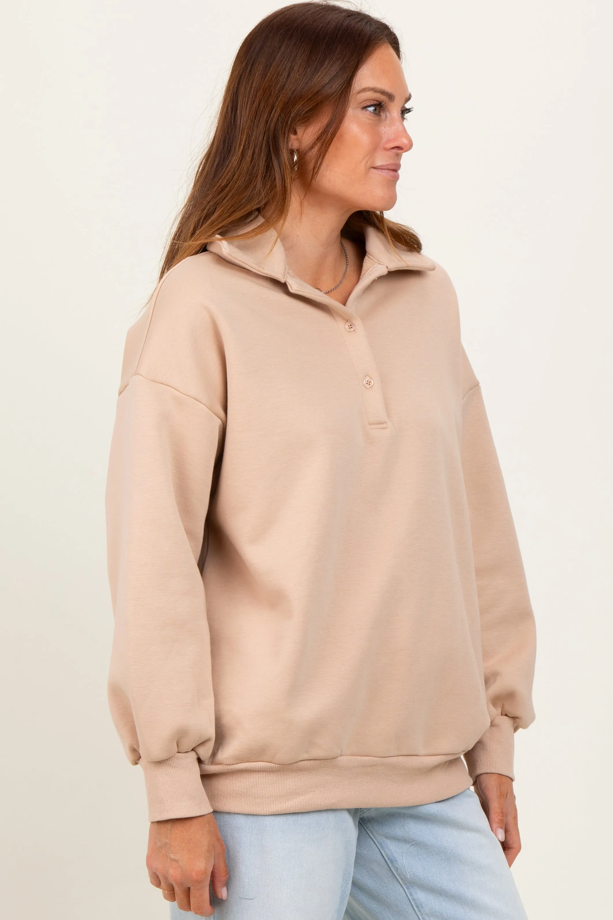 Beige Oversized Long Sleeve Polo Pullover sold by Pinkblush product image thumbnail 3