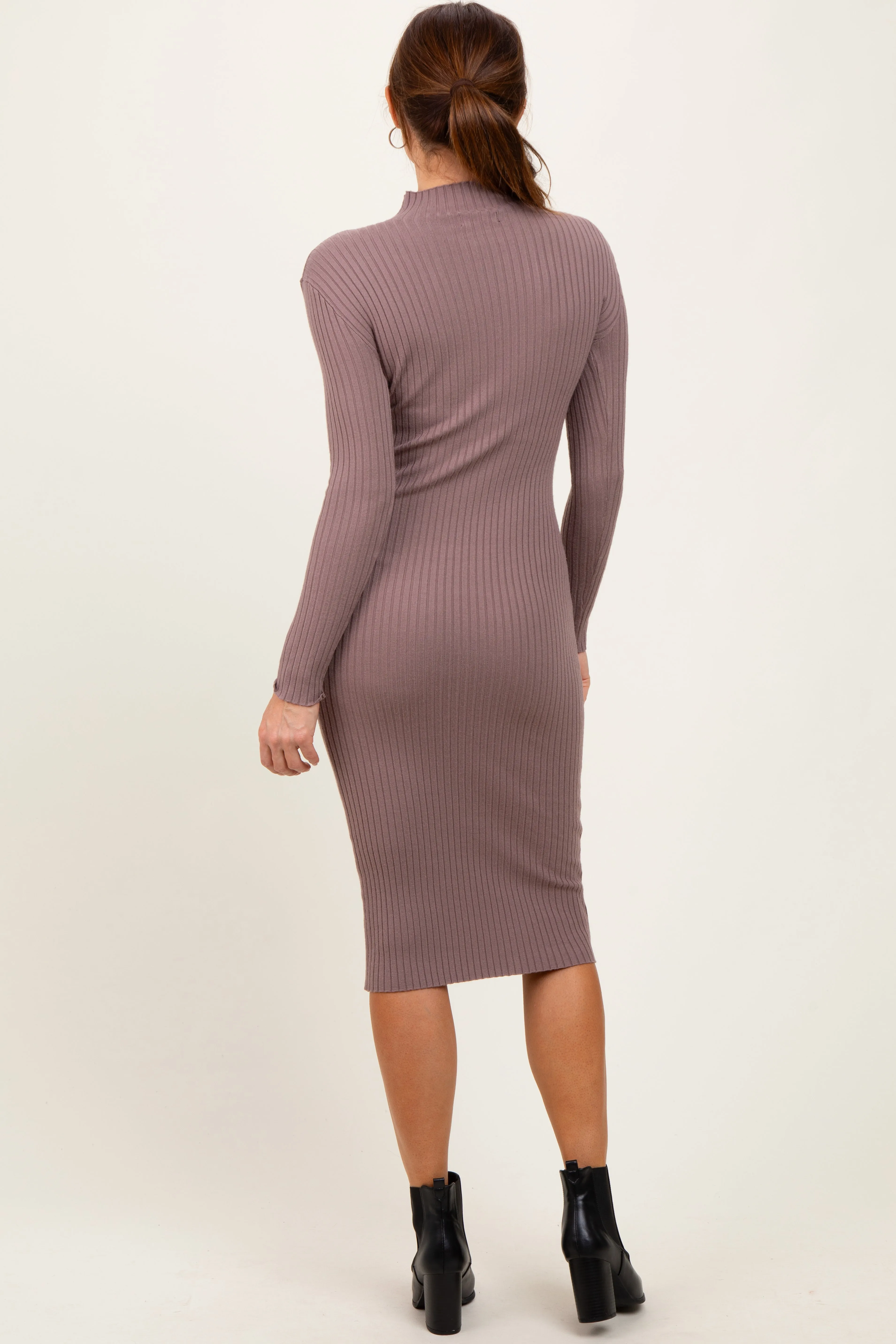 Mocha Ribbed Knit Mock Neck Long Sleeve Midi Dress sold by Pinkblush product image thumbnail 4