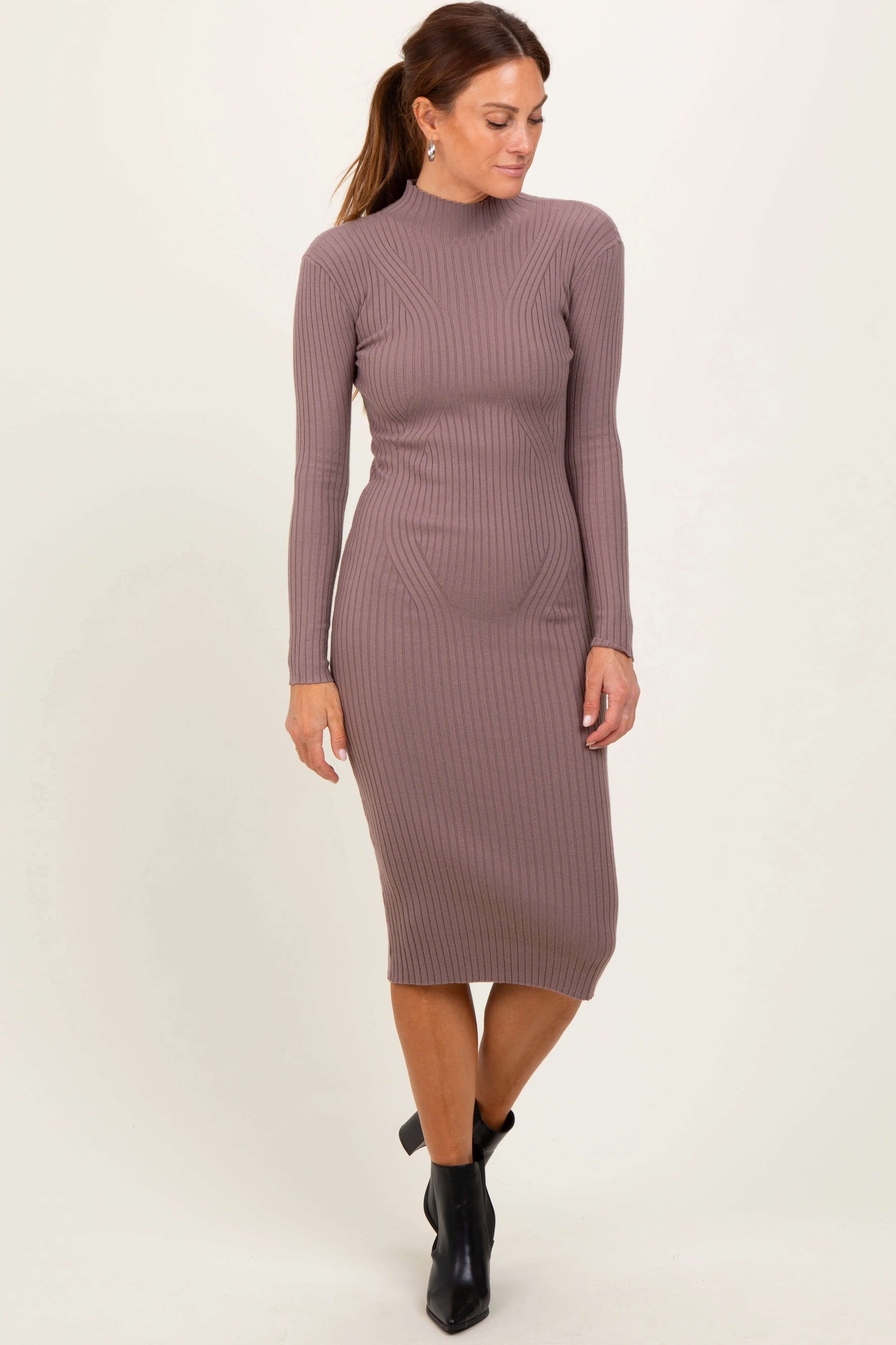 Mocha Ribbed Knit Mock Neck Long Sleeve Midi Dress sold by Pinkblush