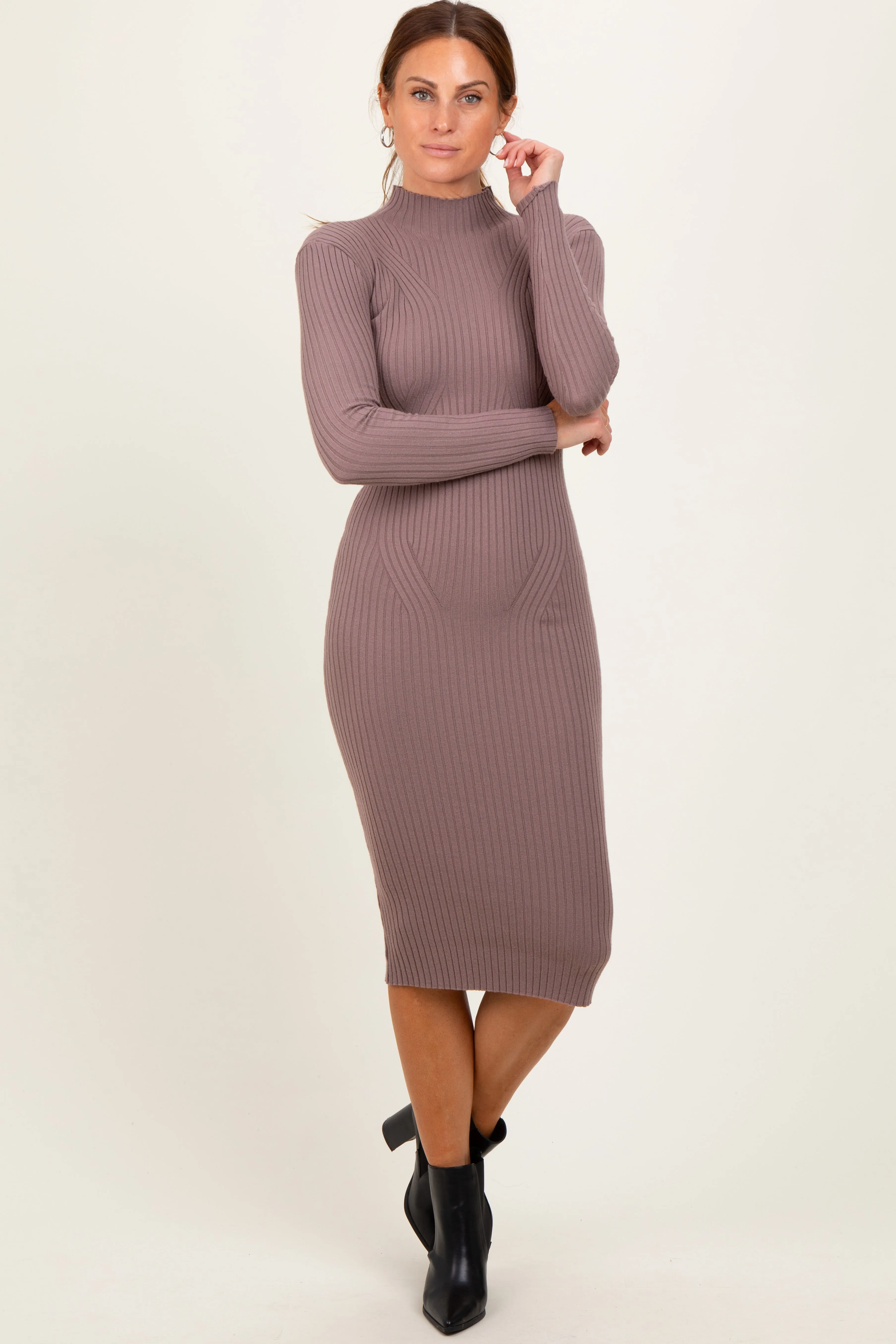 Mocha Ribbed Knit Mock Neck Long Sleeve Midi Dress sold by Pinkblush product image thumbnail 2