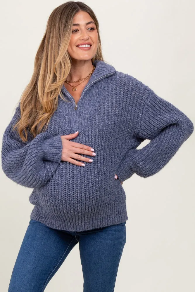 Blue Chunky Knit Quarter Zip Maternity Sweater sold by Pinkblush product image thumbnail 2