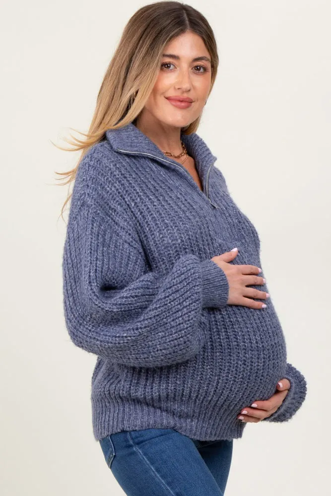 Blue Chunky Knit Quarter Zip Maternity Sweater sold by Pinkblush product image thumbnail 3