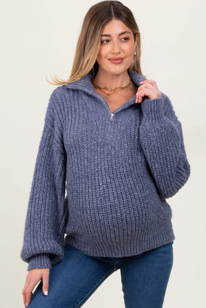 Blue Chunky Knit Quarter Zip Maternity Sweater sold by Pinkblush