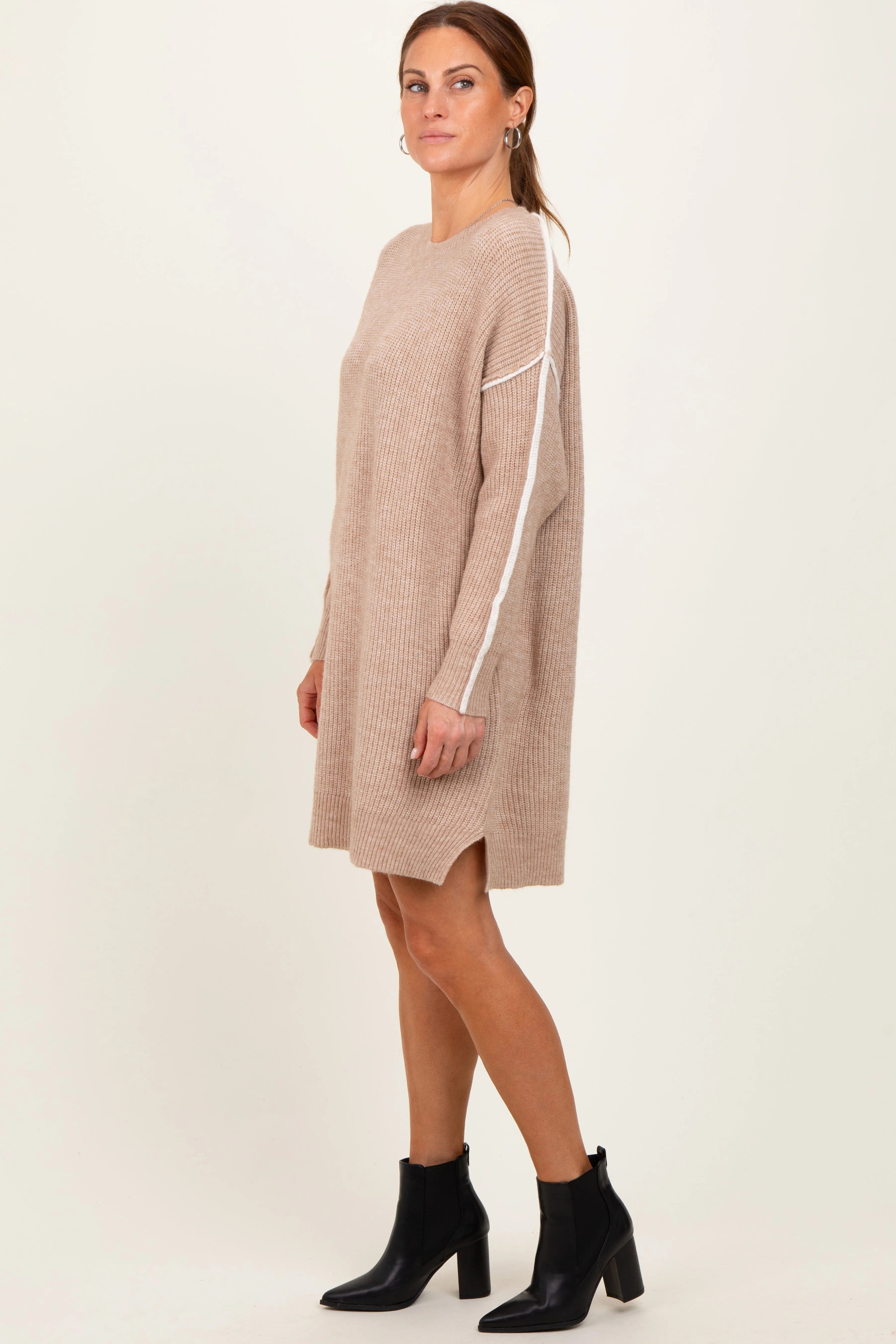 Beige Turtleneck Colorblock Contrast Trim Sweater Dress sold by Pinkblush product image thumbnail 3