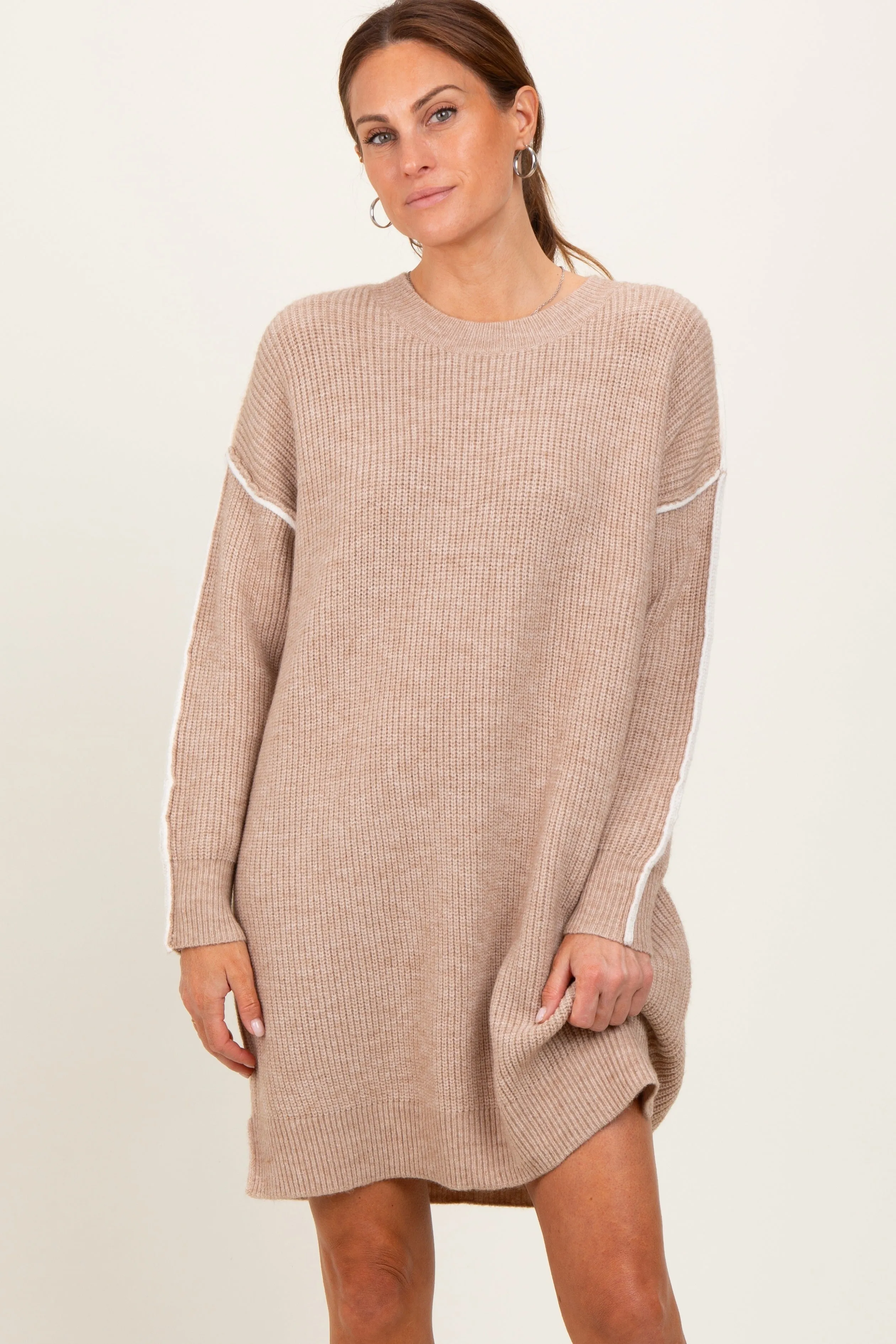 Beige Turtleneck Colorblock Contrast Trim Sweater Dress sold by Pinkblush product image thumbnail 2