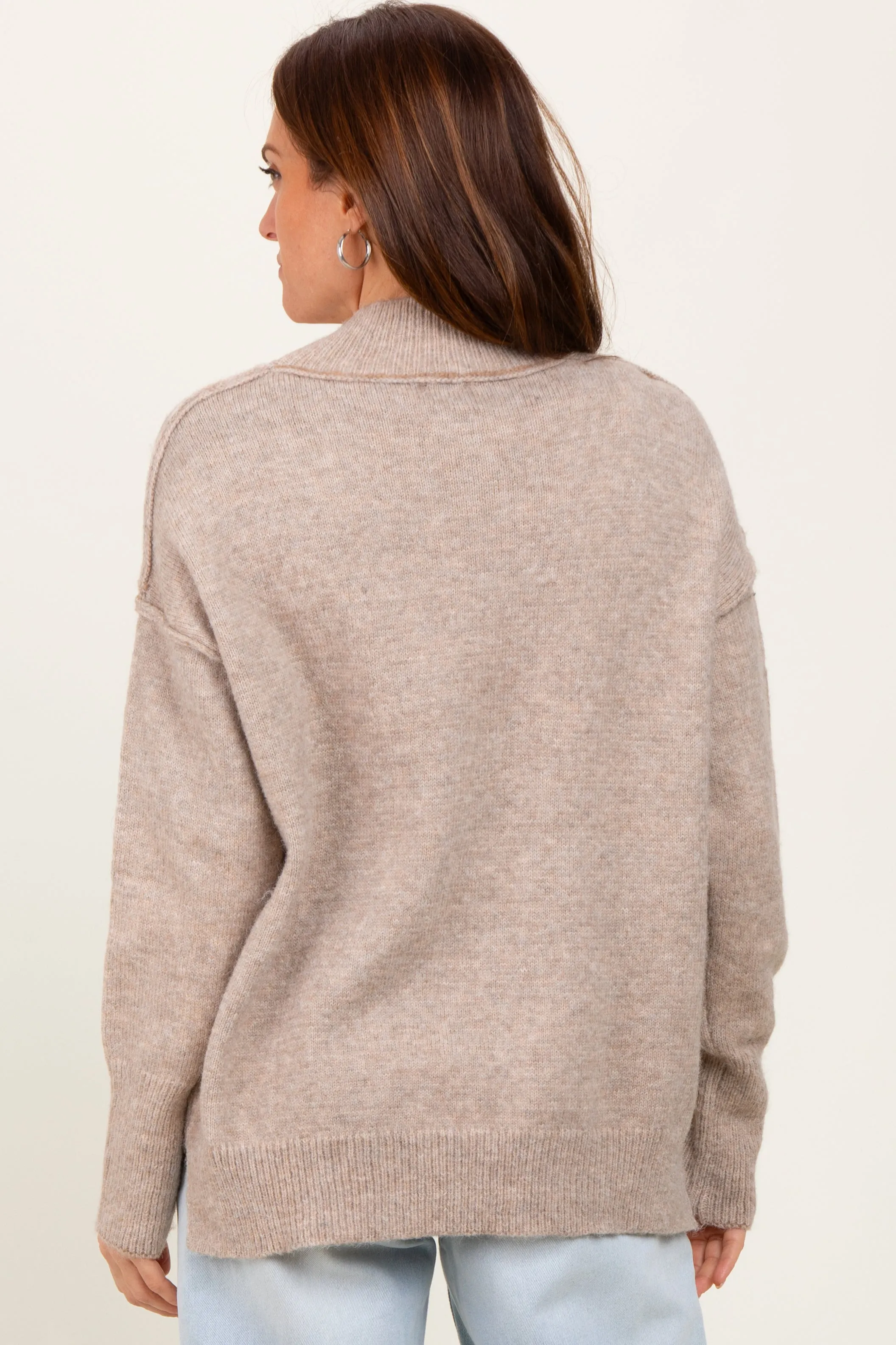 Light Taupe Mock Neck Contrast Seam Sweater sold by Pinkblush product image thumbnail 4