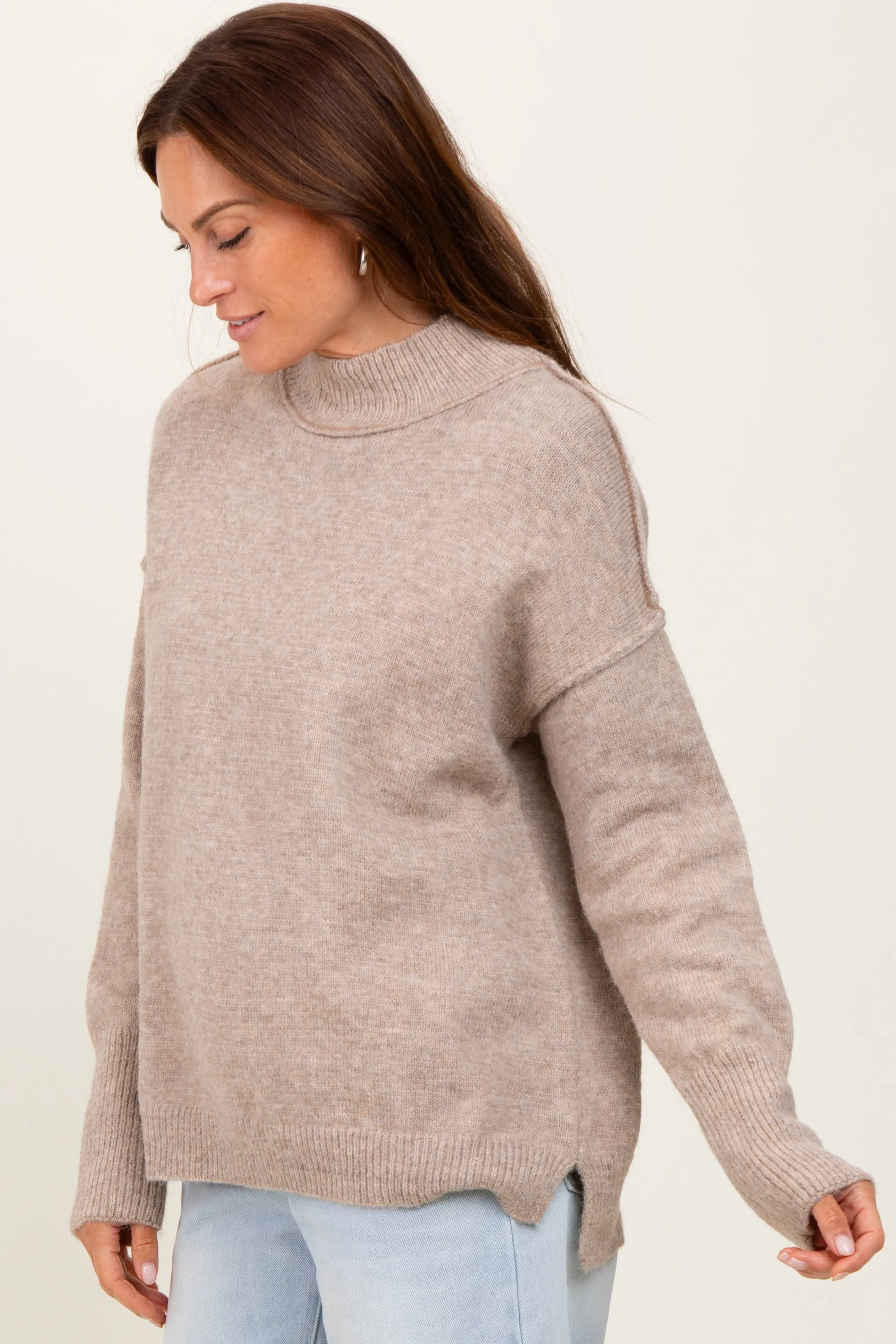 Light Taupe Mock Neck Contrast Seam Sweater sold by Pinkblush product image thumbnail 3