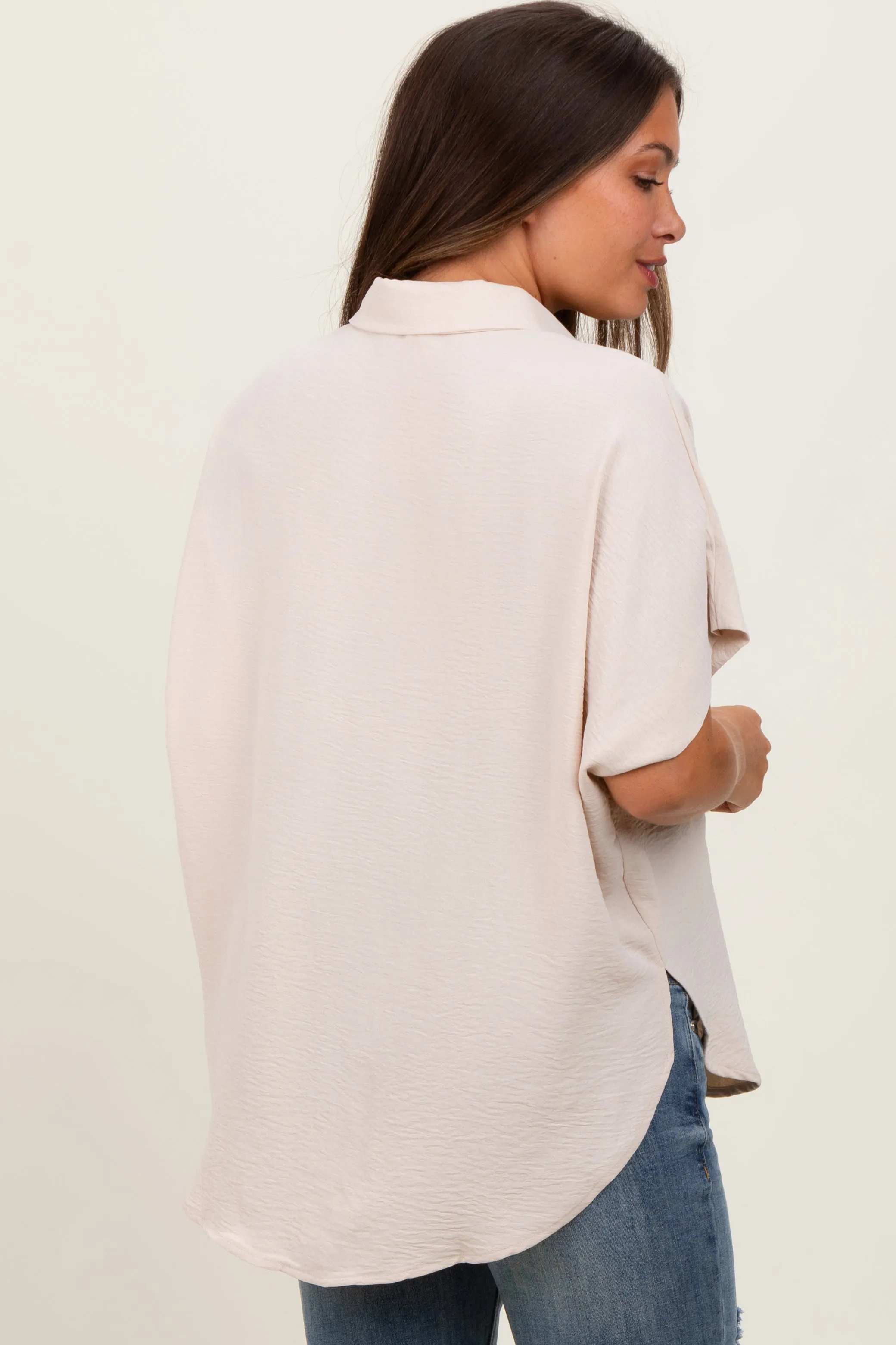 Beige Solid Collared Button-Up Maternity Top sold by Pinkblush product image thumbnail 4