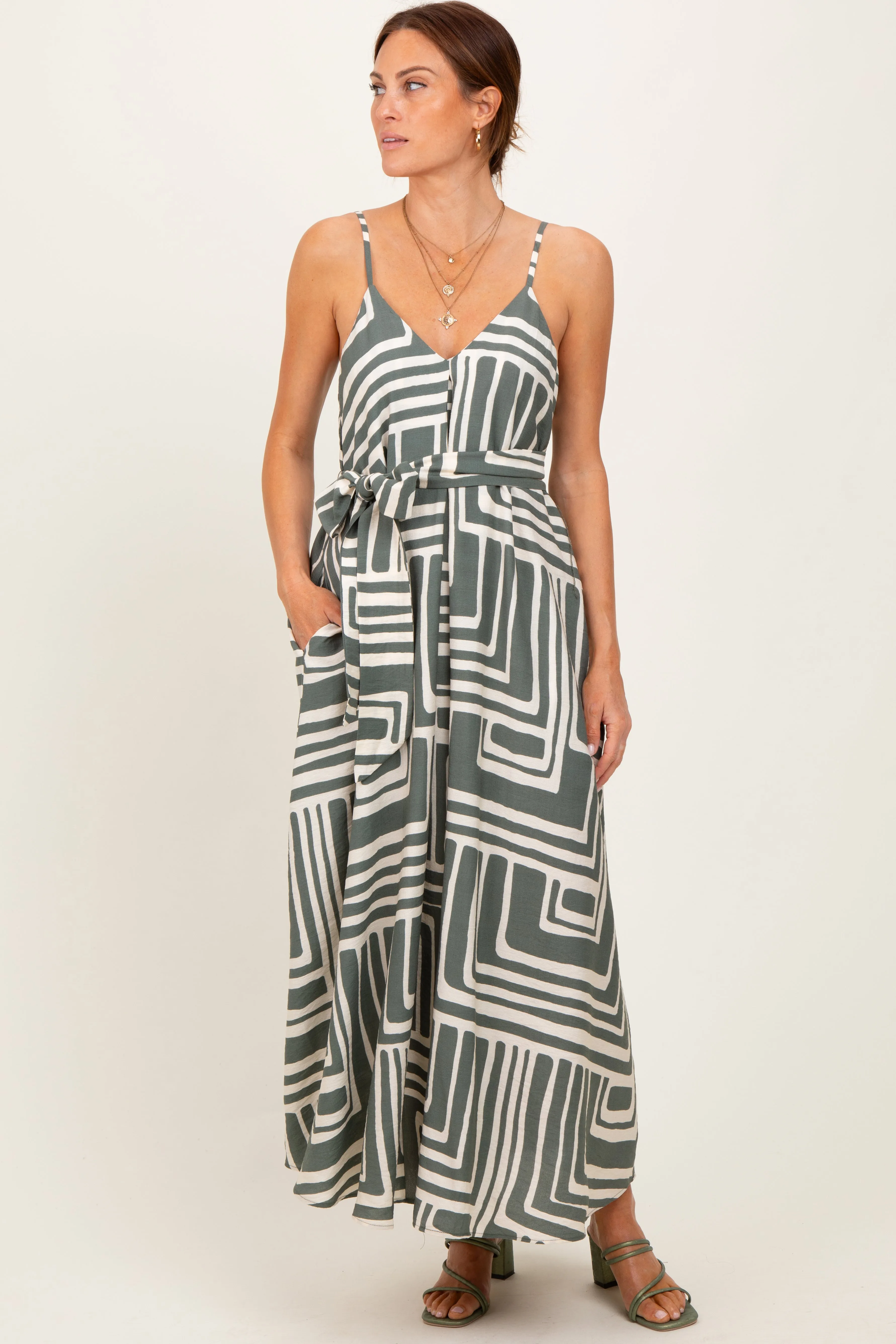 Light Olive Geometric Print Sash Tie Maxi Dress sold by Pinkblush