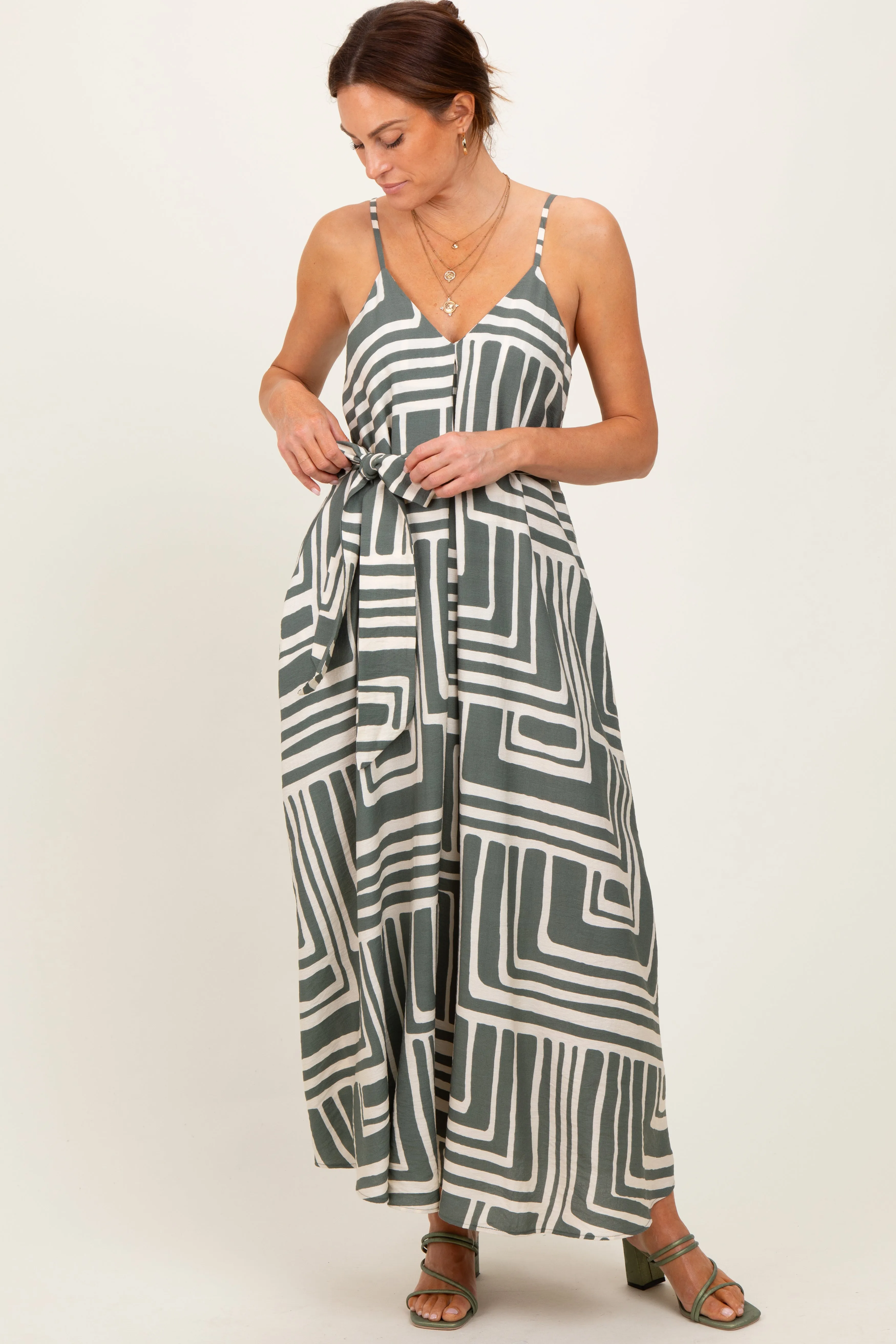 Light Olive Geometric Print Sash Tie Maxi Dress sold by Pinkblush product image thumbnail 2