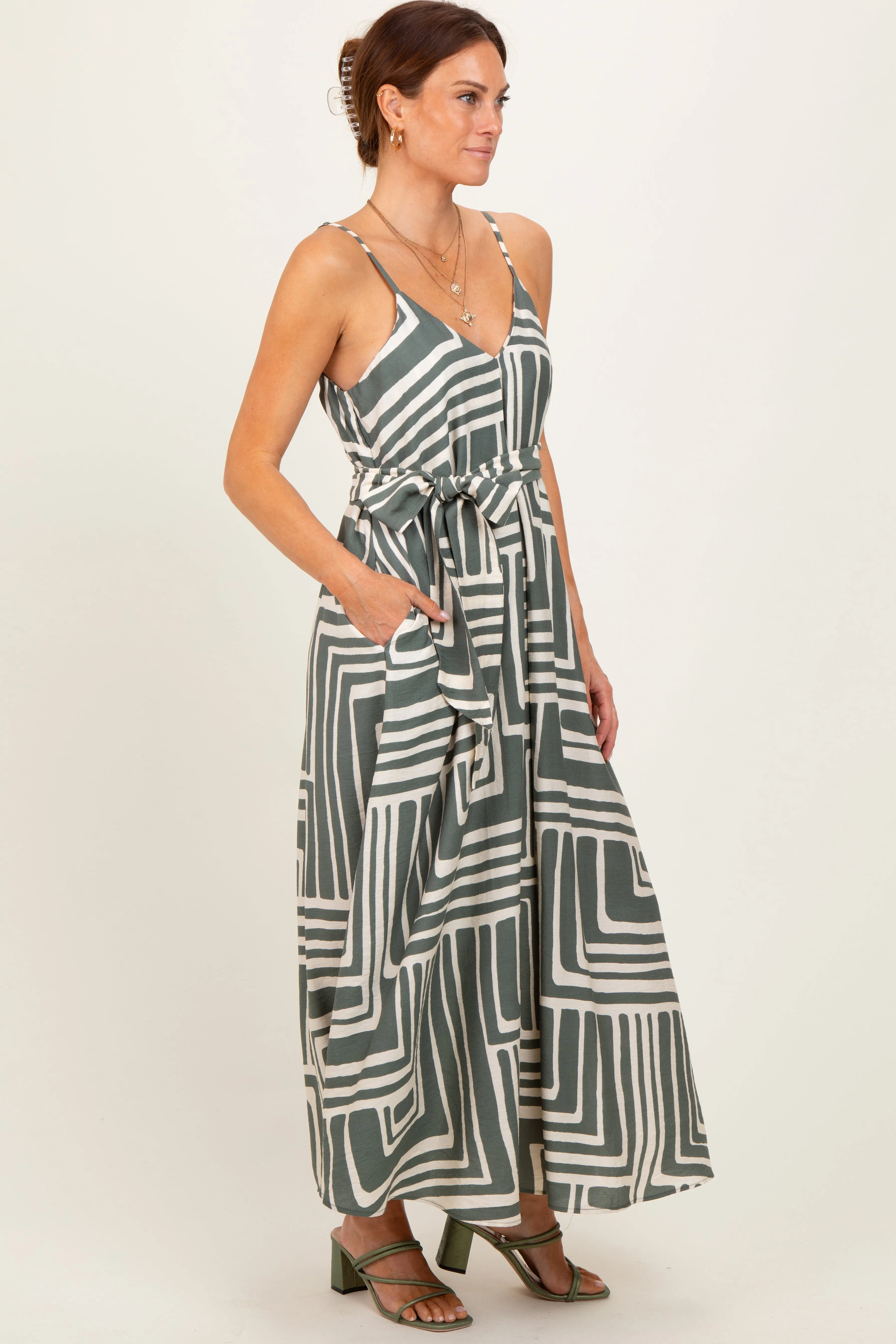 Light Olive Geometric Print Sash Tie Maxi Dress sold by Pinkblush product image thumbnail 3