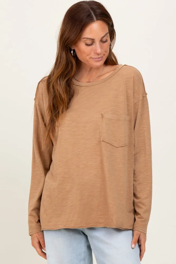 Camel Mineral Wash Front Pocket Long Sleeve Top sold by Pinkblush