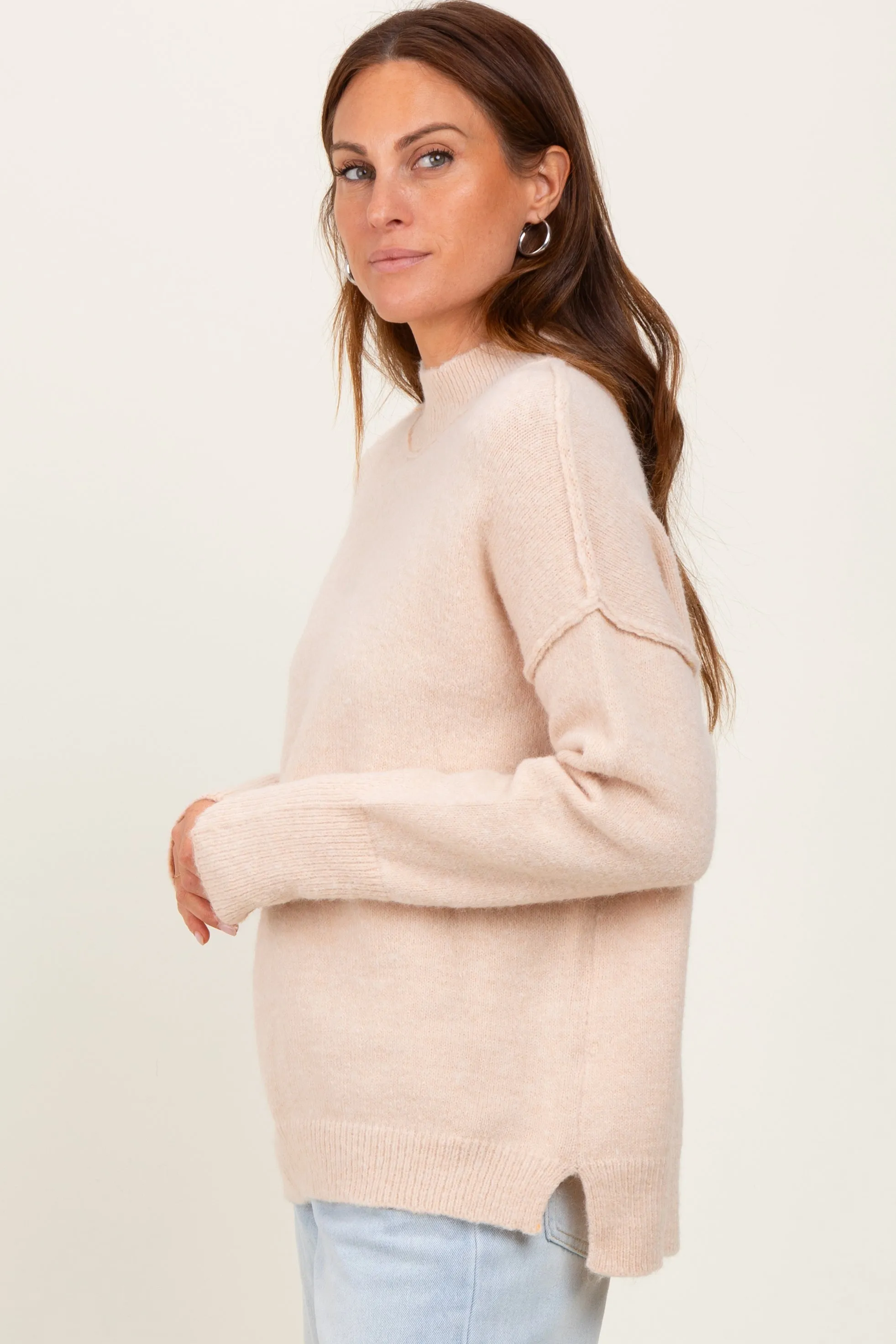 Cream Mock Neck Contrast Seam Sweater sold by Pinkblush product image thumbnail 3