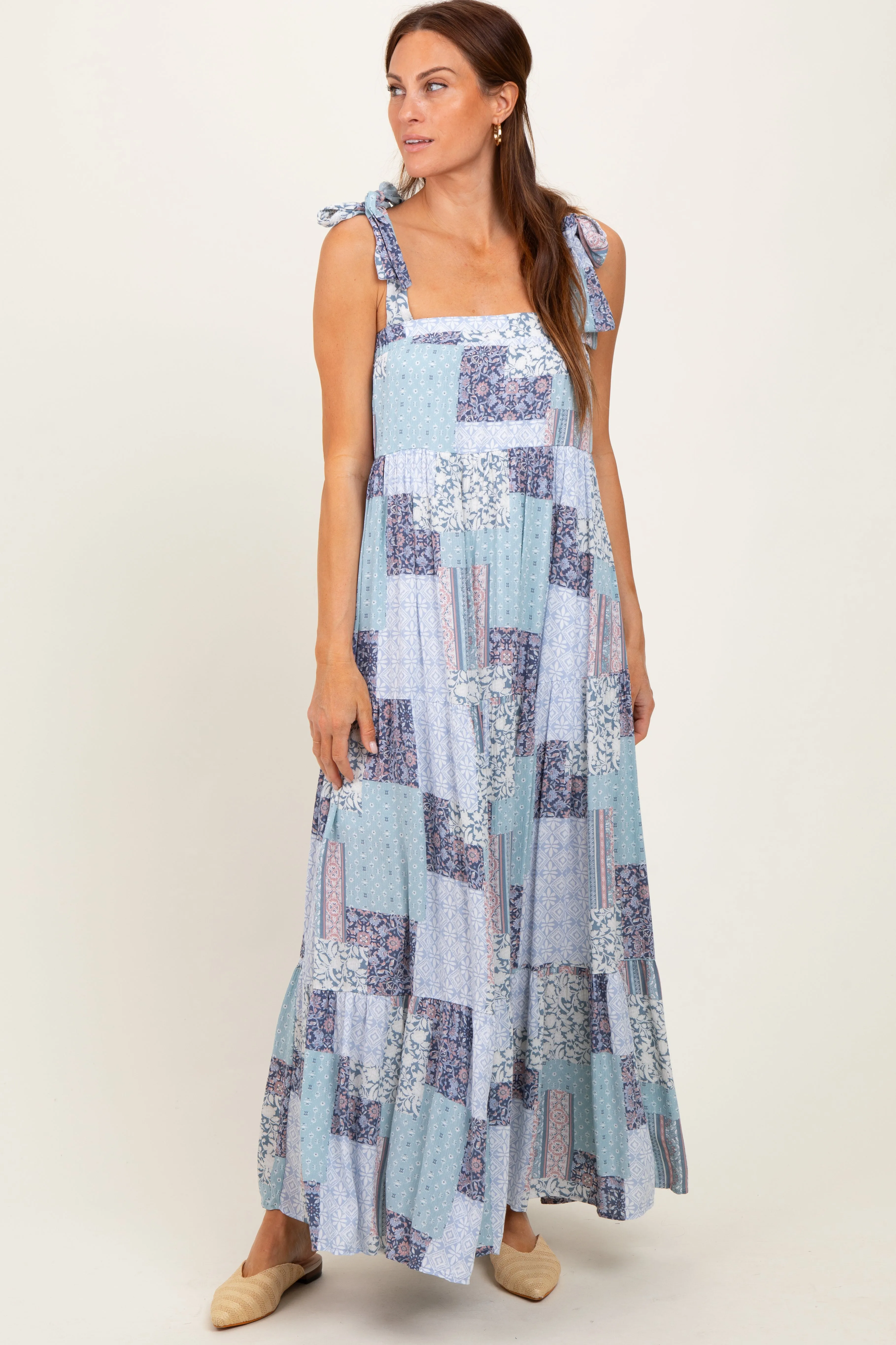 Blue Patchwork Print Shoulder Tie Tiered Maxi Dress sold by Pinkblush product image thumbnail 2