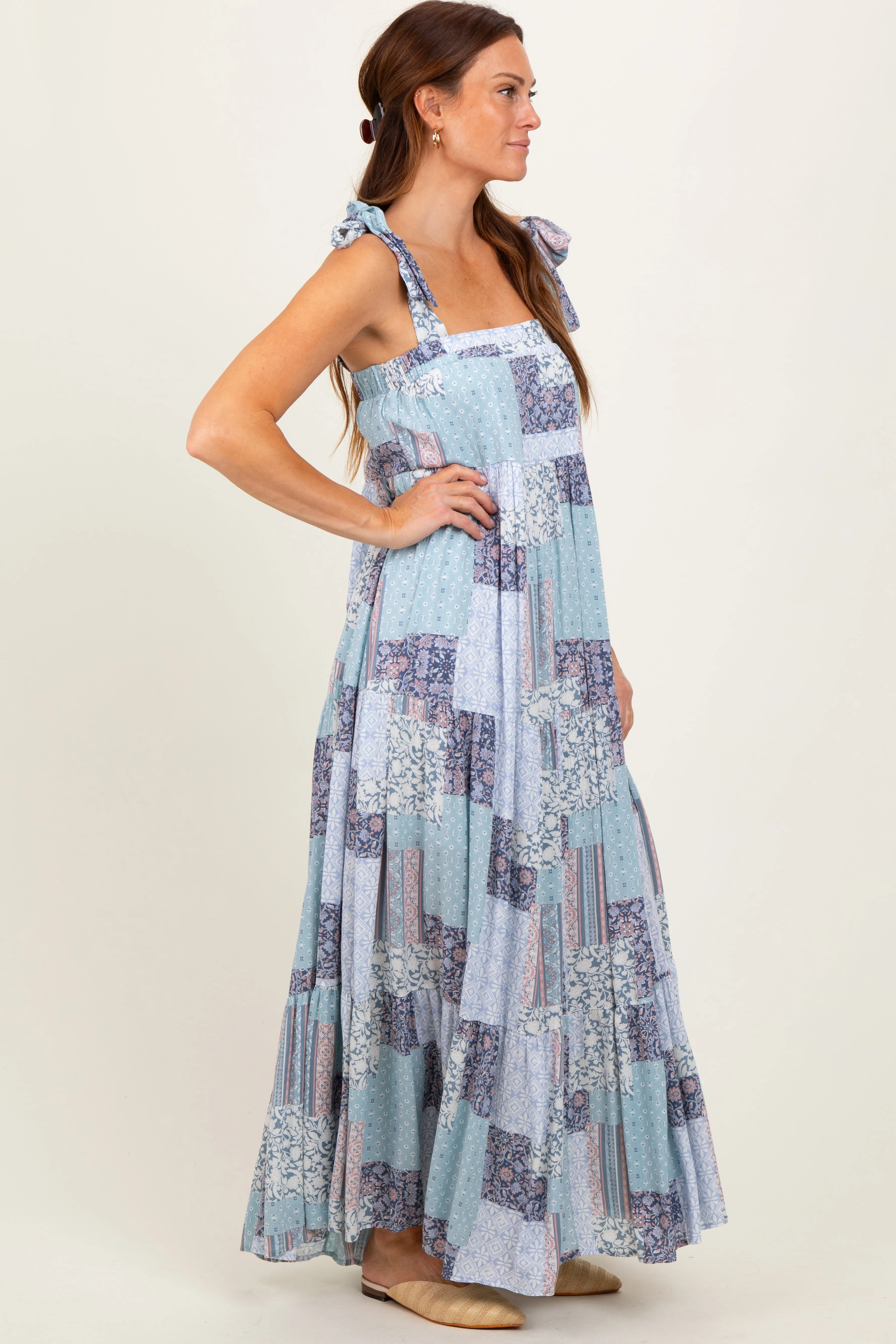 Blue Patchwork Print Shoulder Tie Tiered Maxi Dress sold by Pinkblush product image thumbnail 3