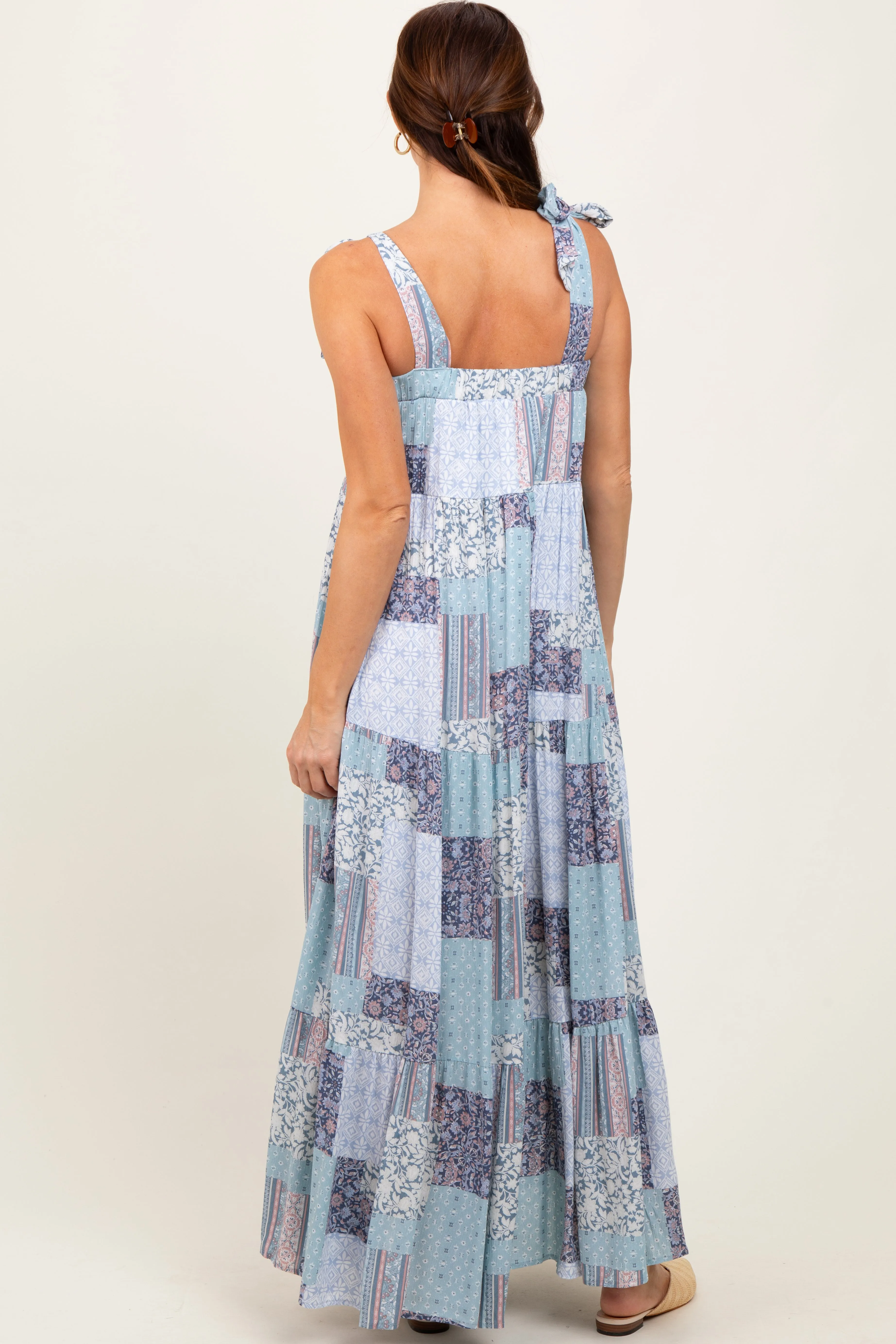 Blue Patchwork Print Shoulder Tie Tiered Maxi Dress sold by Pinkblush product image thumbnail 4