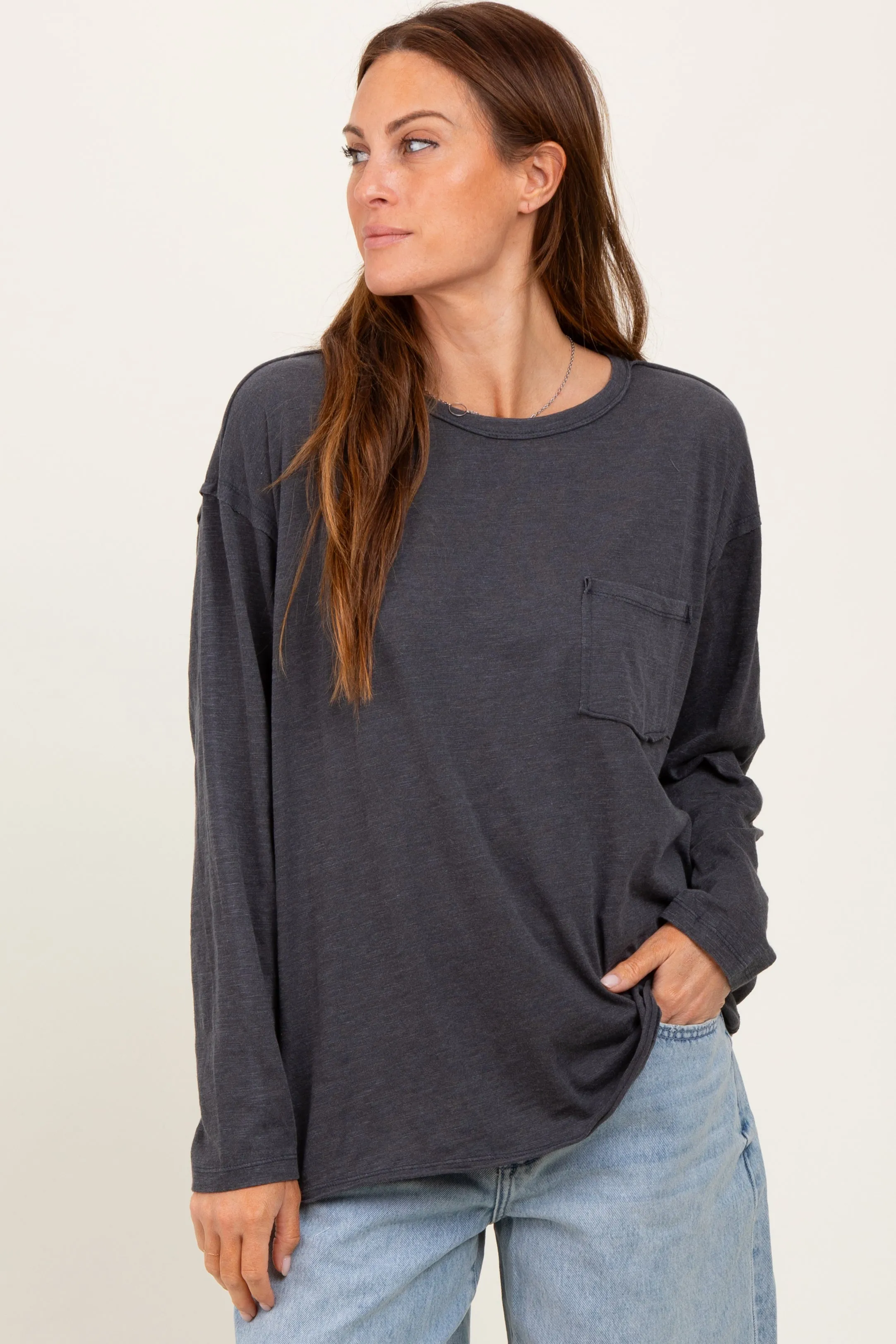 Charcoal Mineral Wash Front Pocket Long Sleeve Top sold by Pinkblush