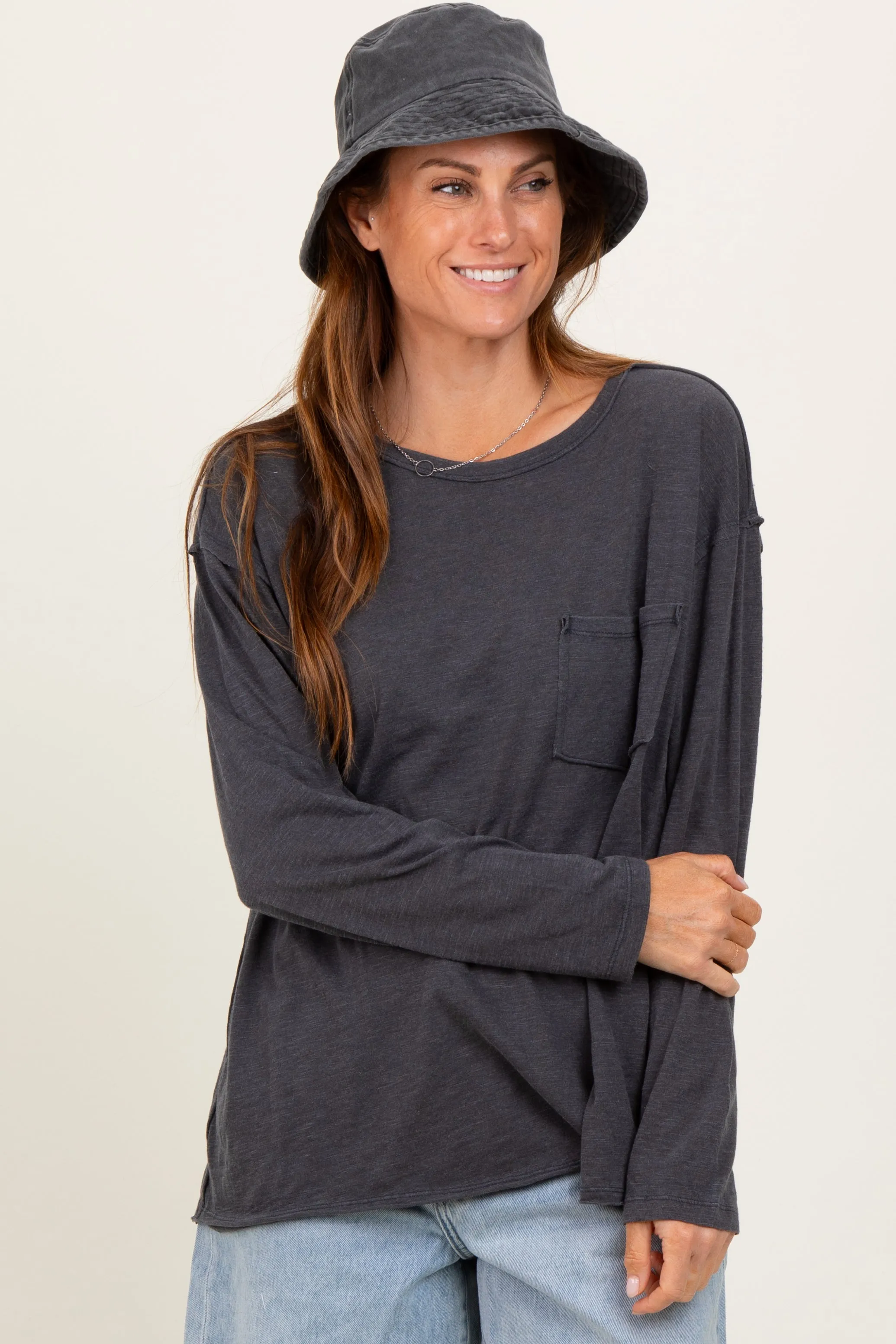Charcoal Mineral Wash Front Pocket Long Sleeve Top sold by Pinkblush product image thumbnail 2