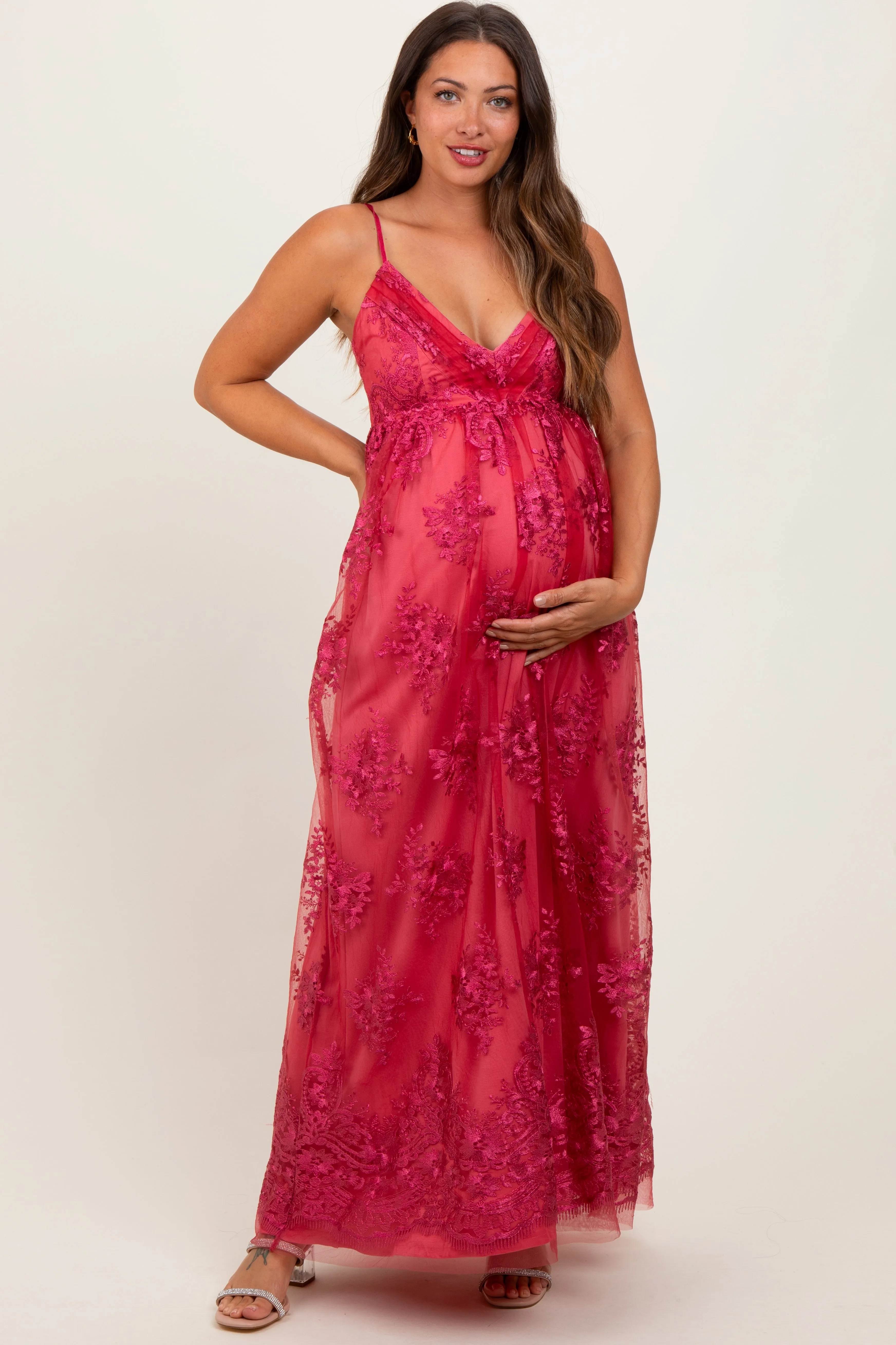 Red Floral Lace Overlay Maternity Maxi Dress sold by Pinkblush
