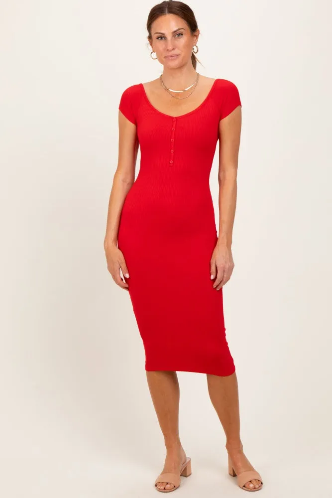 Red Ribbed Wide Neckline Fitted Midi Dress sold by Pinkblush product image thumbnail 2