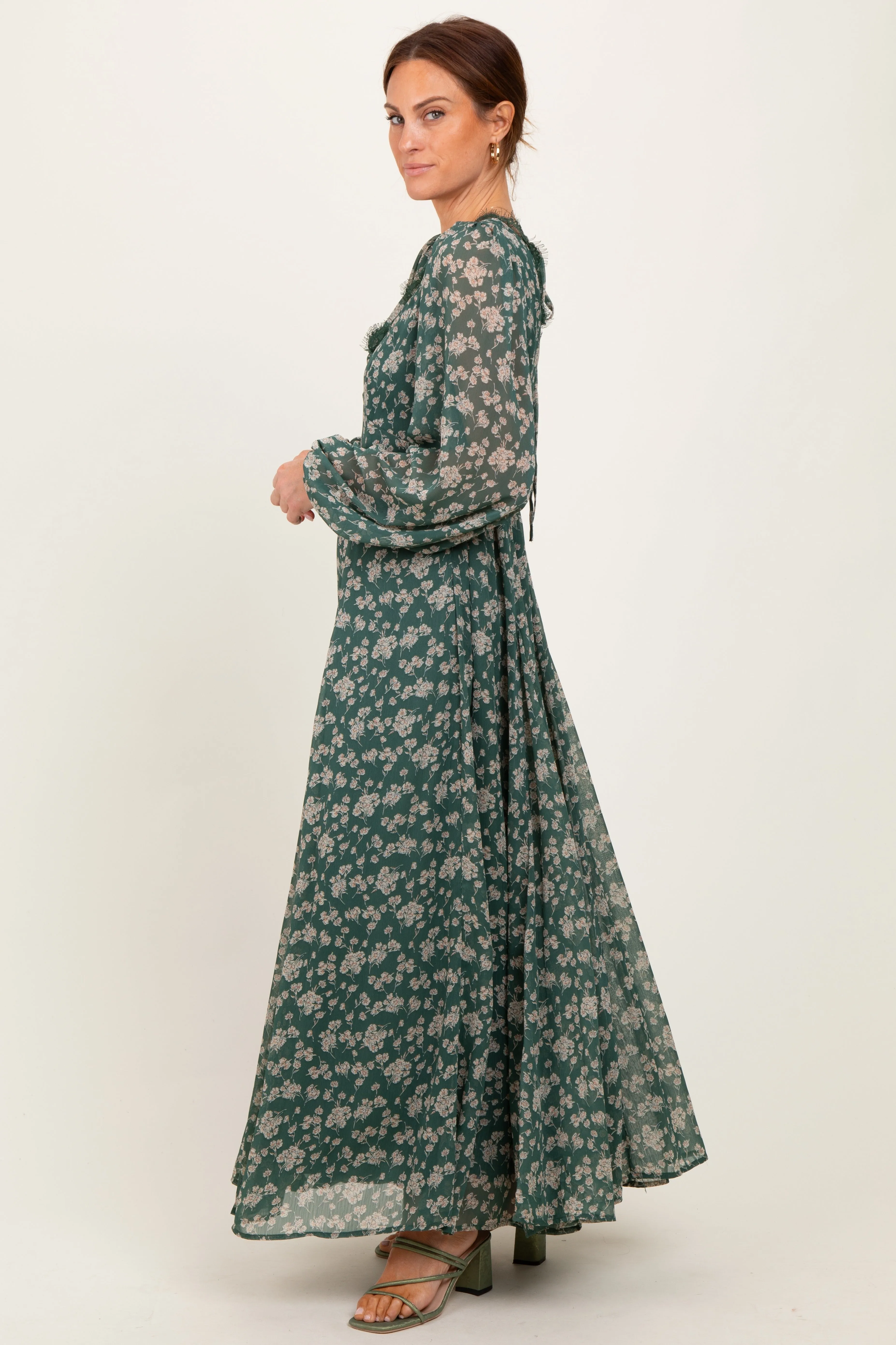 Green Floral Chiffon Lace Trim Back Tie Maxi Dress sold by Pinkblush product image thumbnail 4