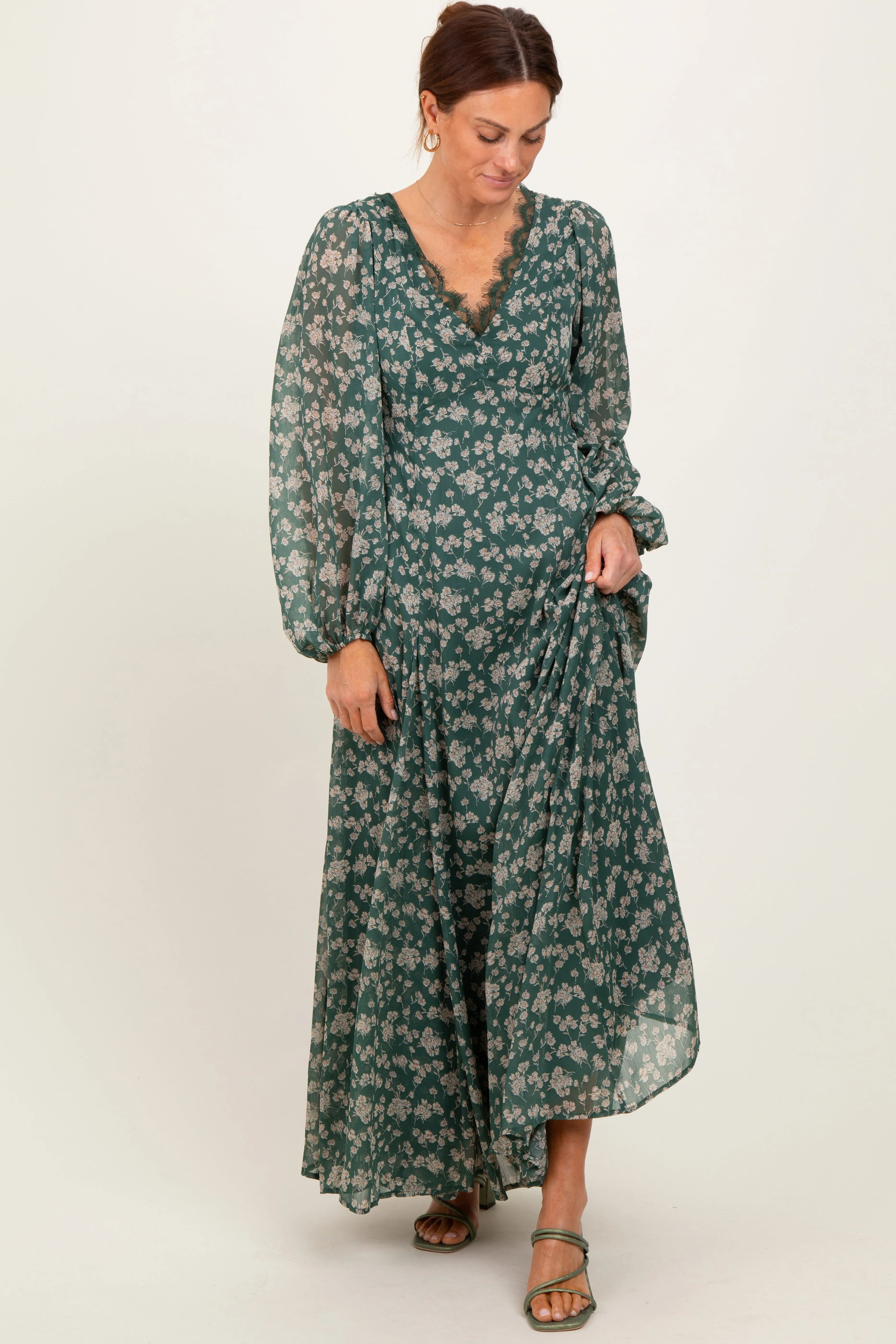 Green Floral Chiffon Lace Trim Back Tie Maxi Dress sold by Pinkblush