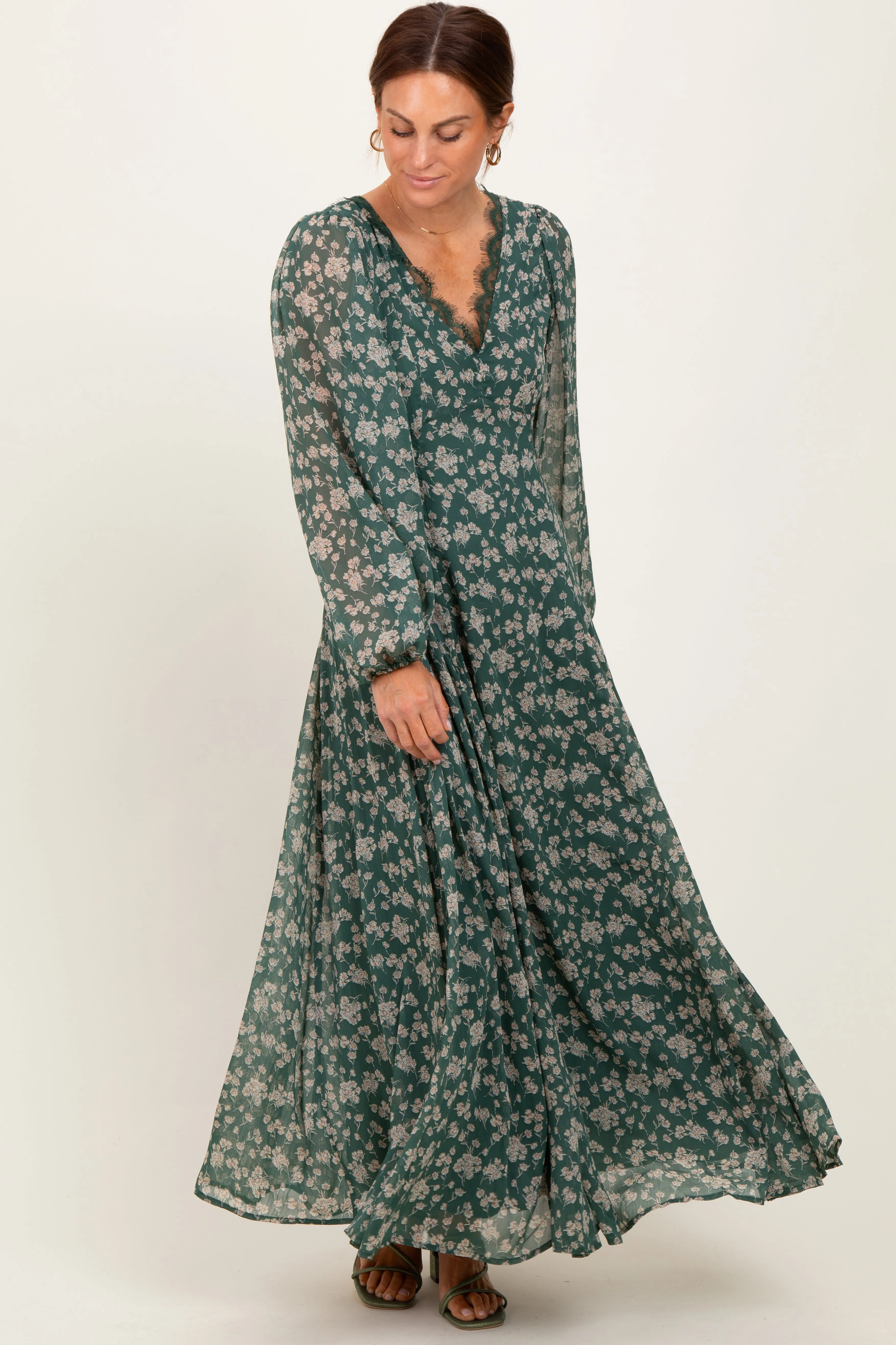 Green Floral Chiffon Lace Trim Back Tie Maxi Dress sold by Pinkblush product image thumbnail 2